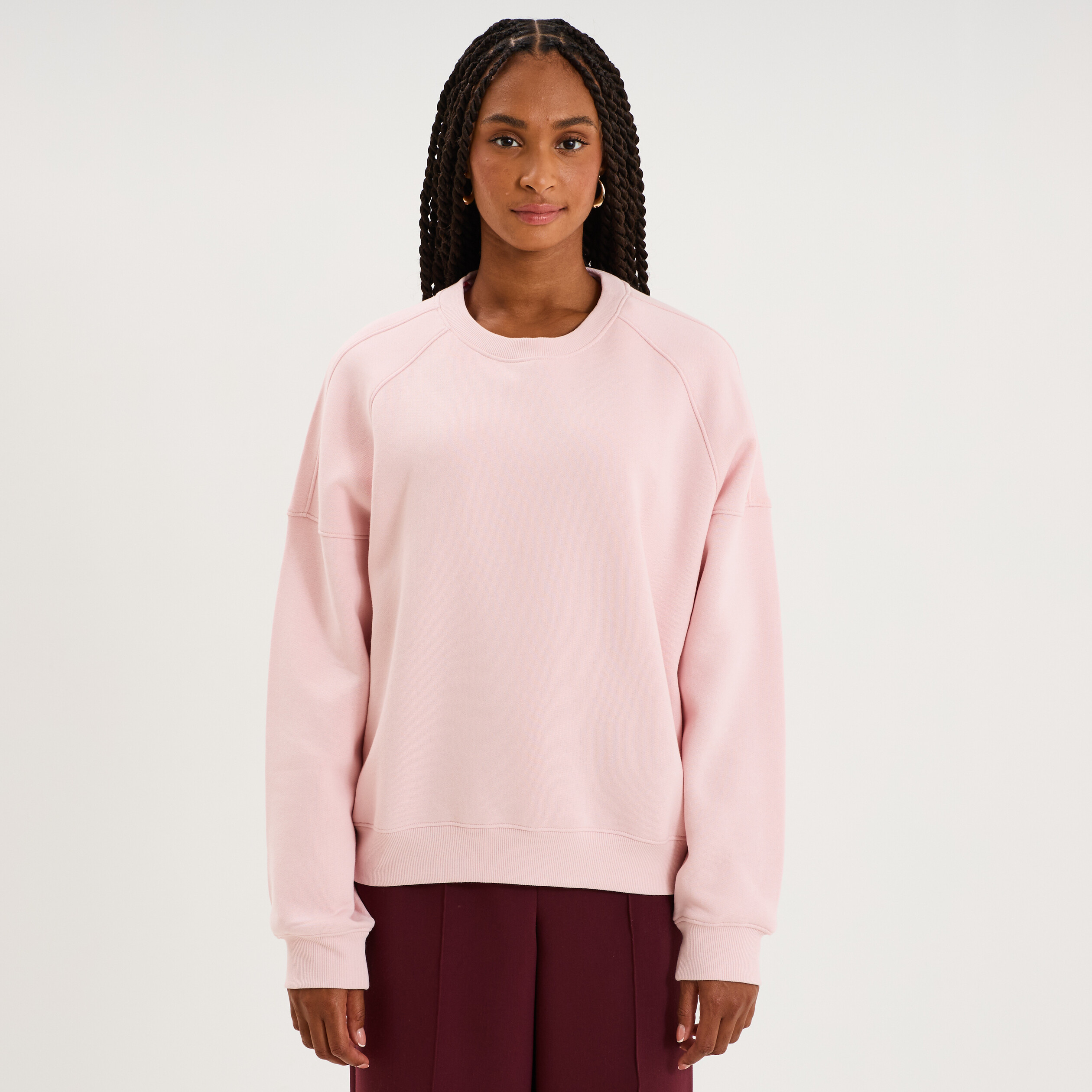 Sweat col rond oversize manches longues rose pastel femme