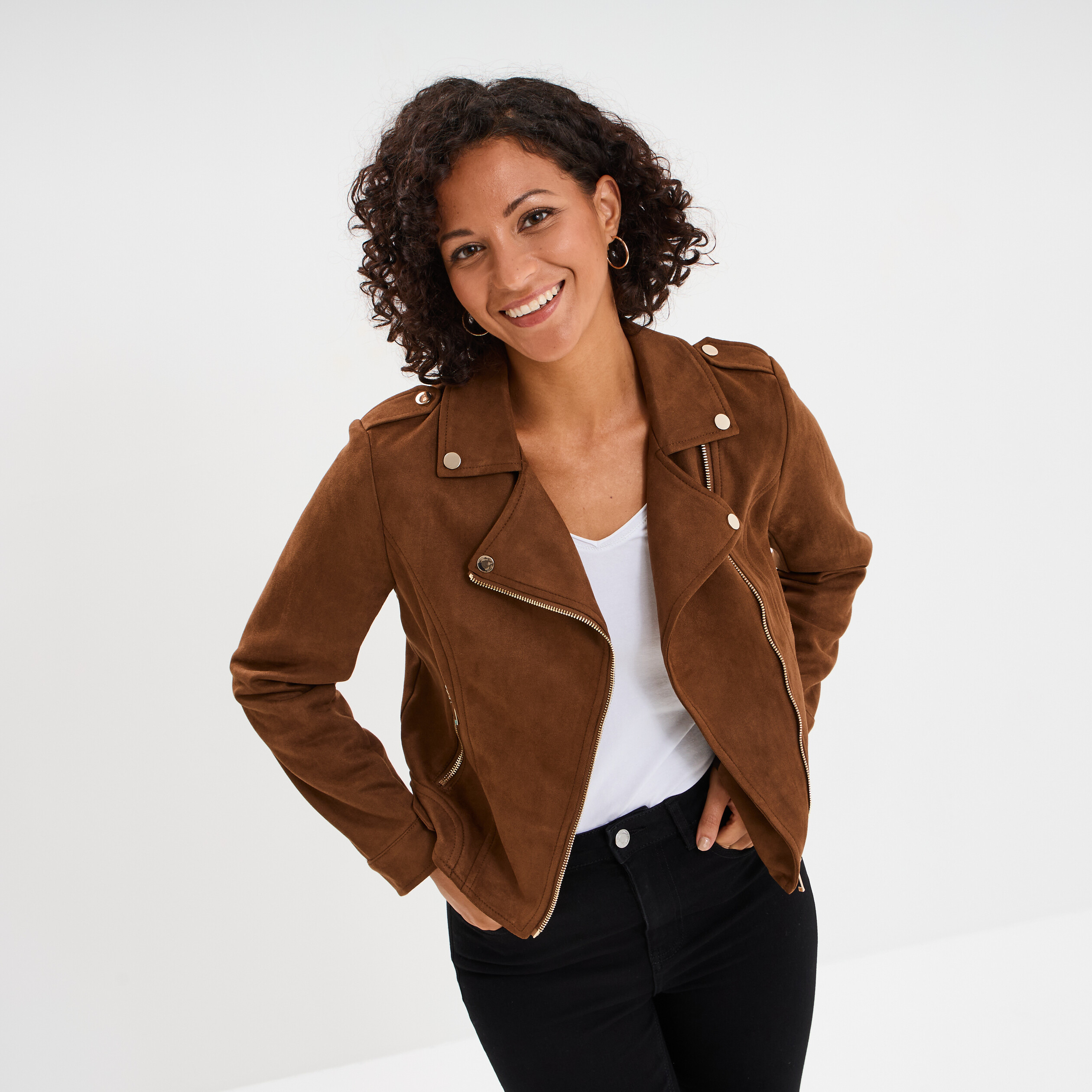 Veste courte esprit biker effet suédine camel femme