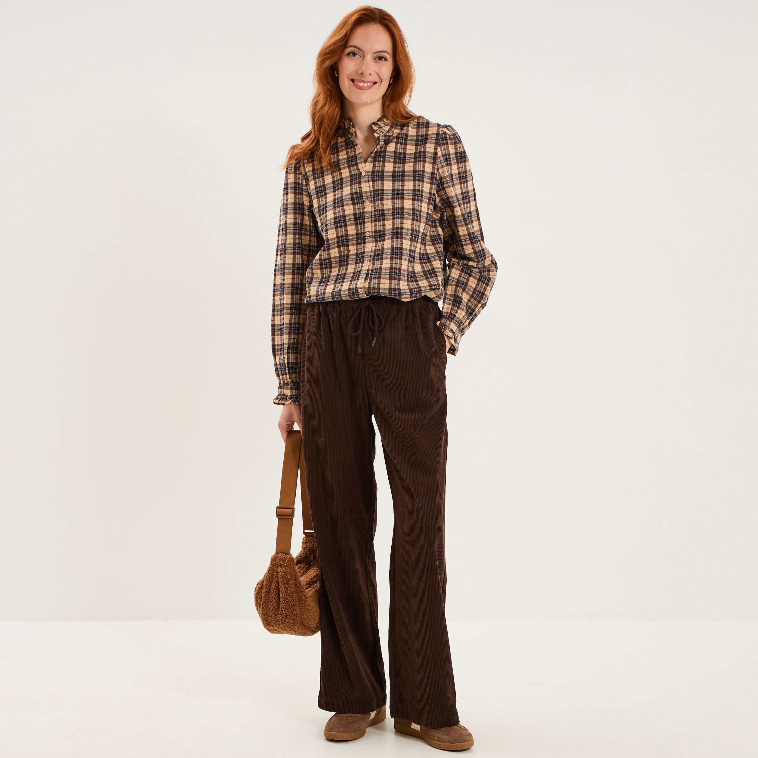 Chemise &agrave; volants manches longues marron femme