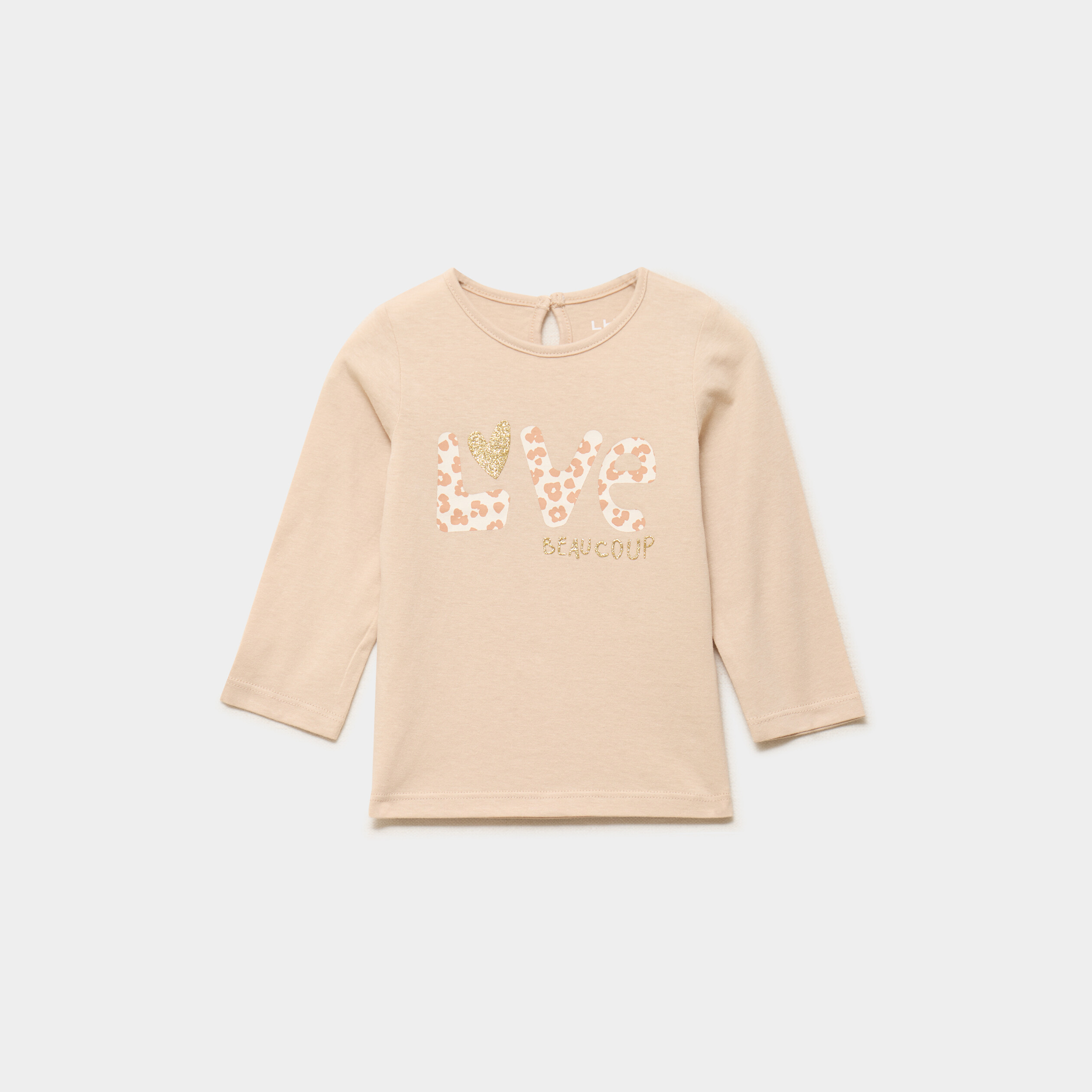T-shirt manches longues col rond coton beige b&eacute;b&eacute; fille