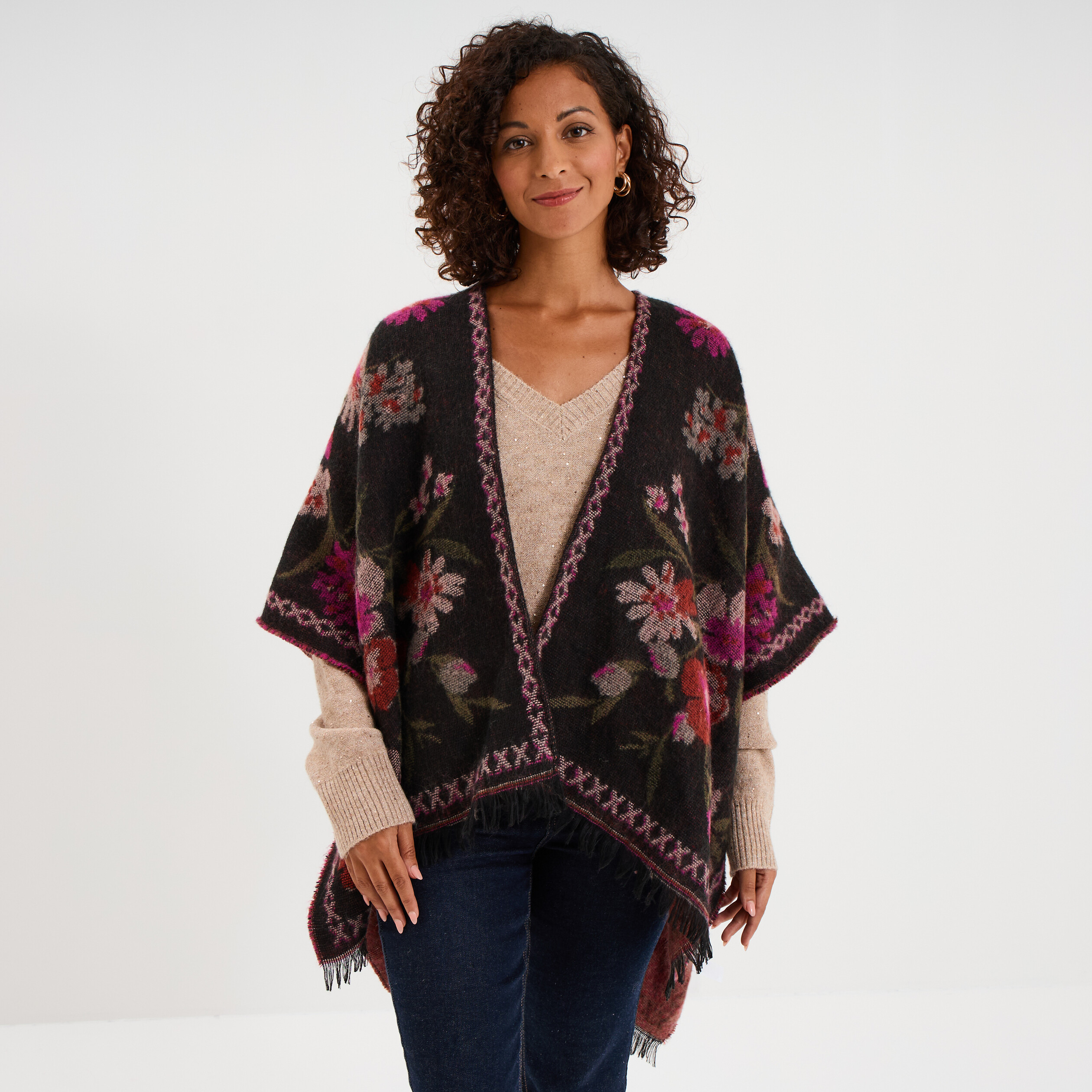 Poncho mi-long avec franges multicolore femme