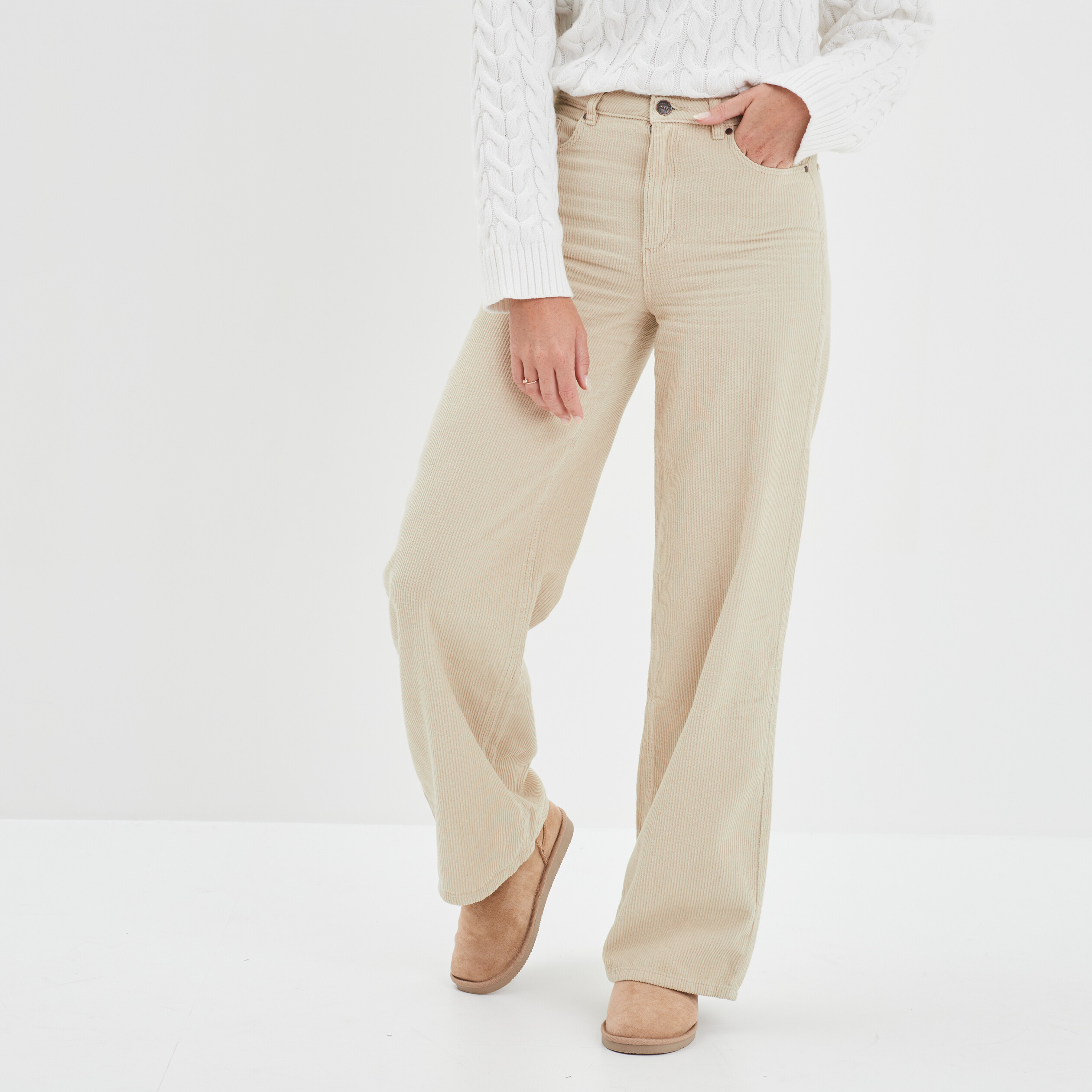 Pantalon velours taille haute large blanc femme