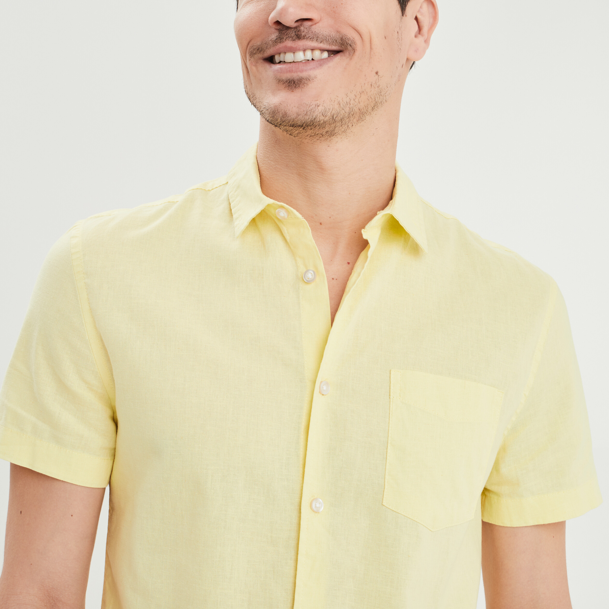 chemise manches courtes lin melange jaune clair homme Chemise manches courtes lin mélangé jaune clair homme