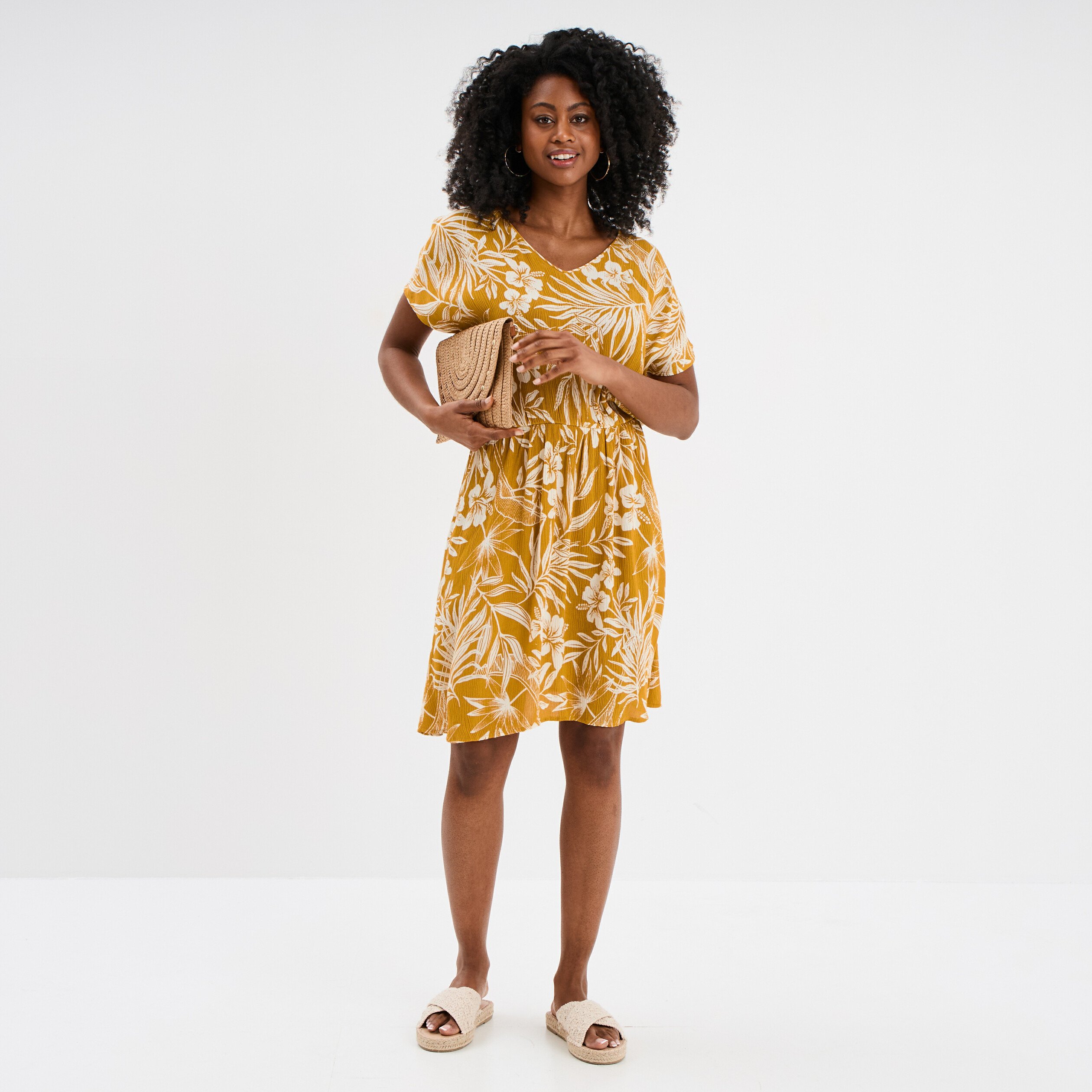 robe caftant courte col en v jaune or femme Robe caftant courte col en V jaune or femme