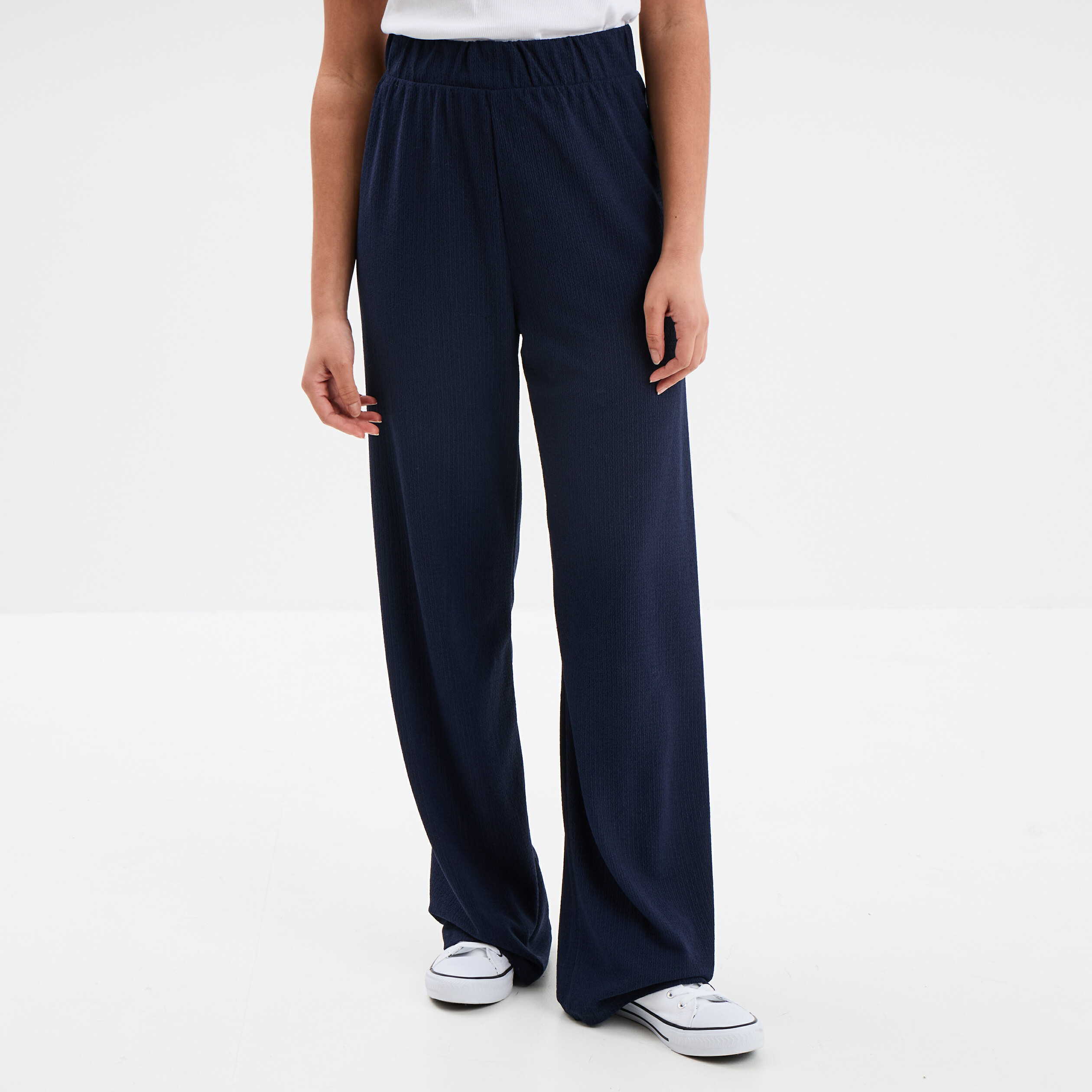 pantalon fluide large taille elastiquee bleu marine femme Pantalon fluide large taille élastiquée bleu marine femme