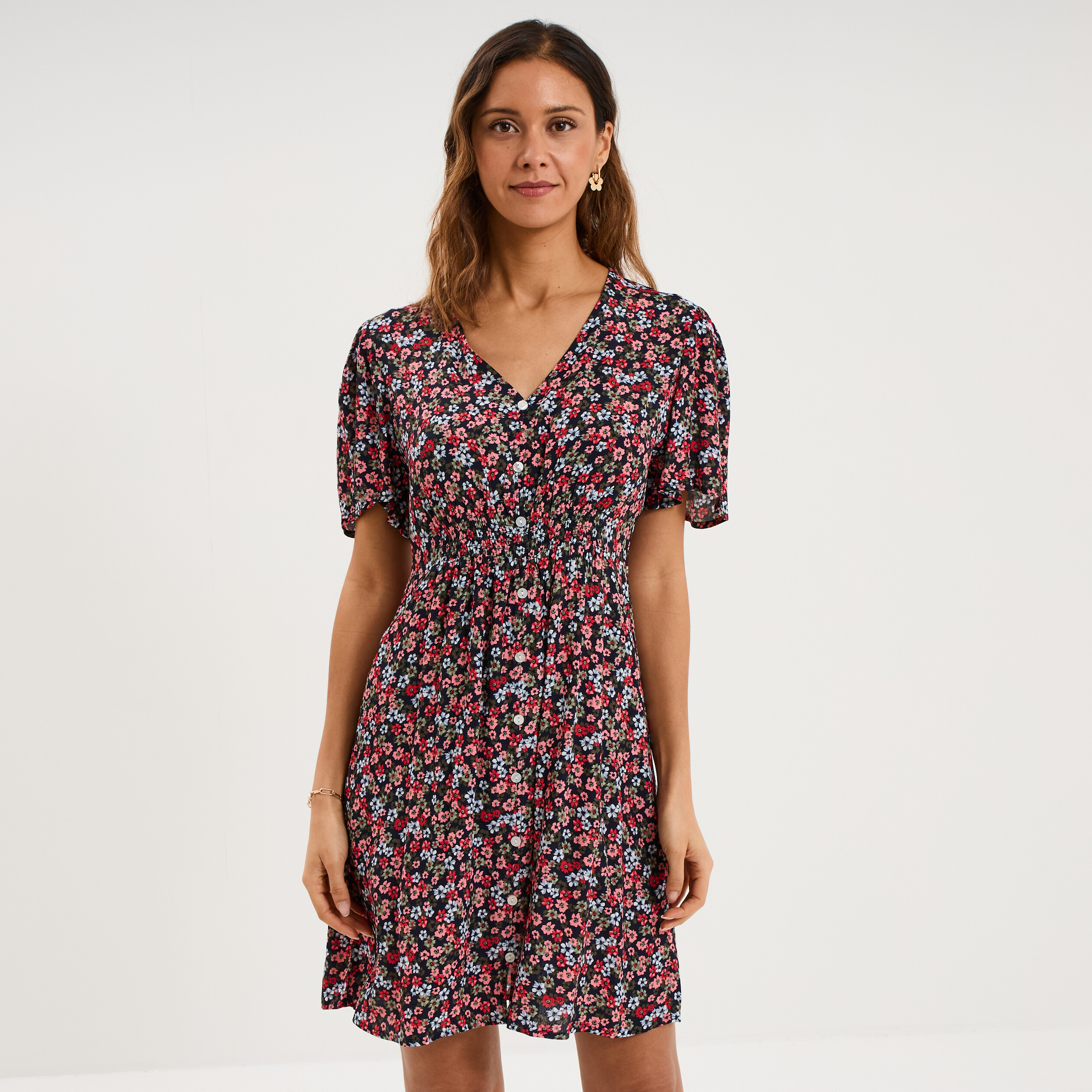 Robe courte fluide manches courtes col V noir femme