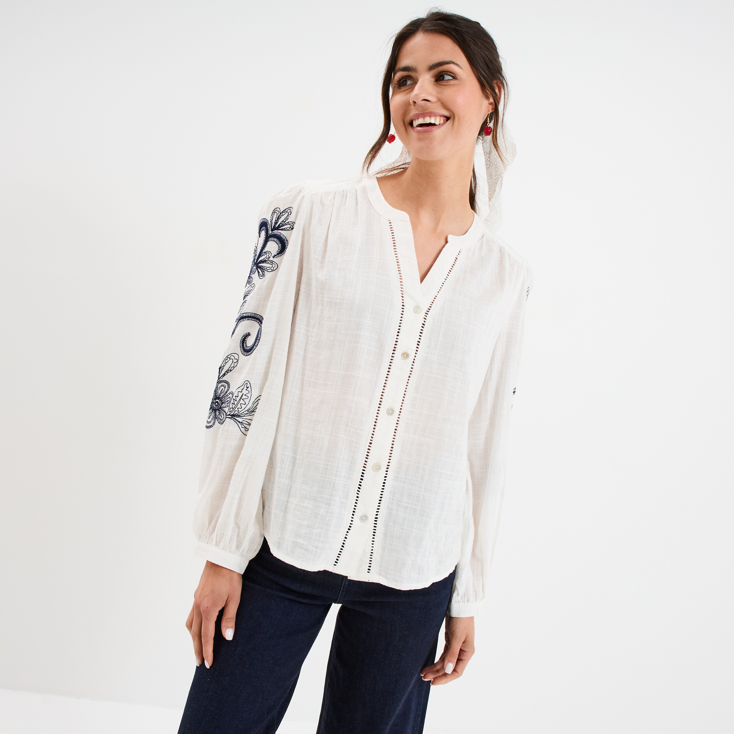 blouse col tunisien manches brodees ecru femme Blouse col tunisien manches brodées ecru femme