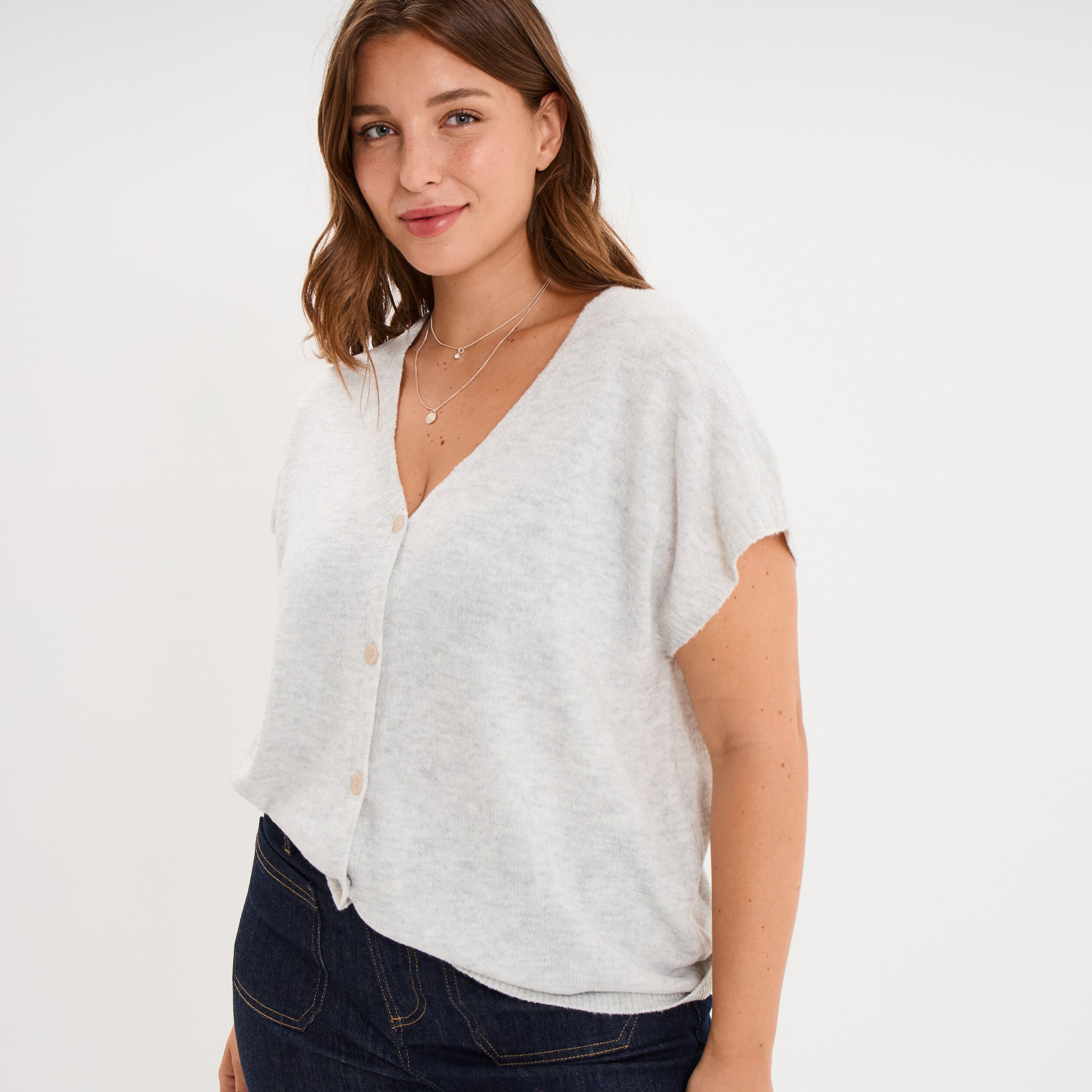 Gilet manches courtes col en V gris clair femme grande taille