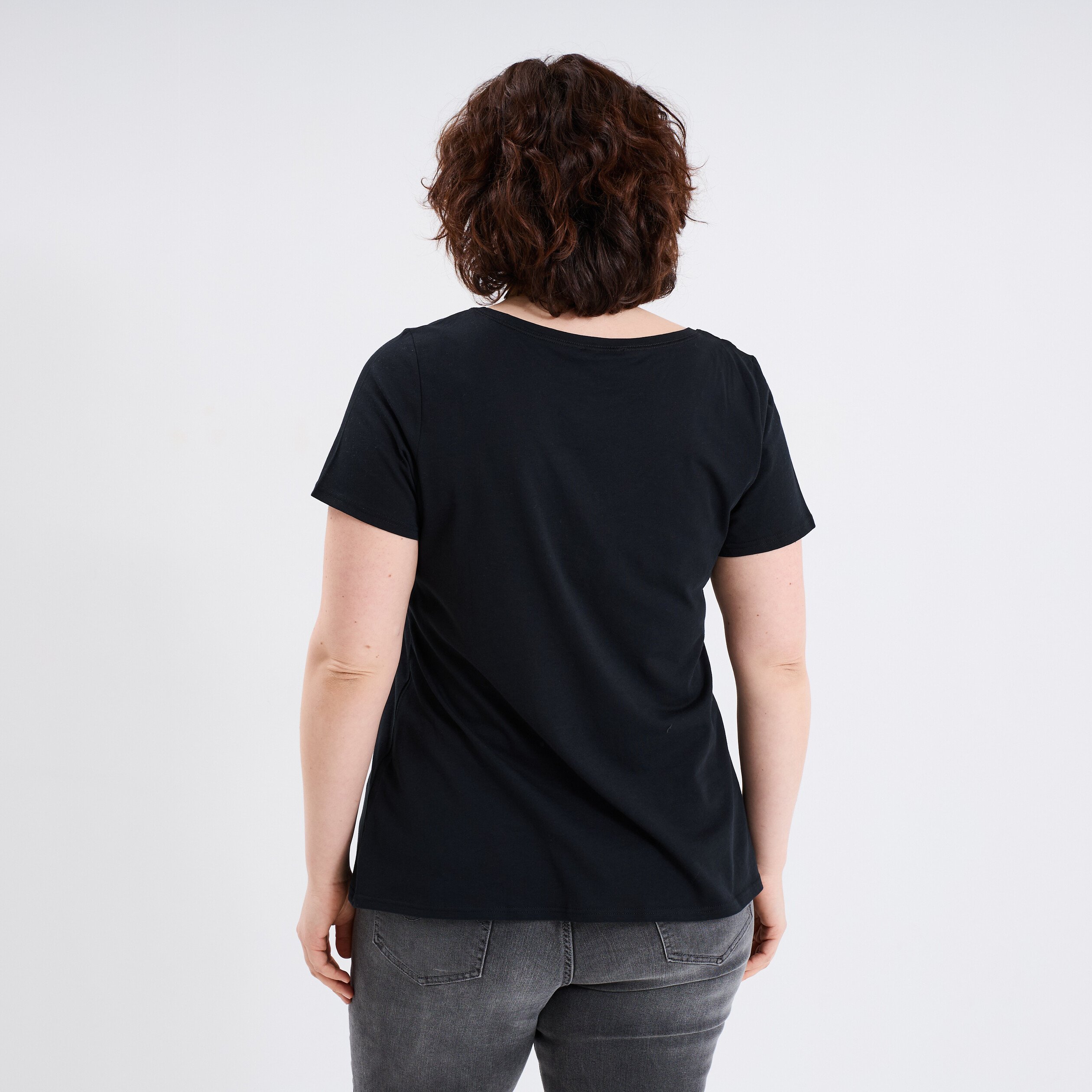 T-shirt col en V manches courtes coton noir femme grande taille