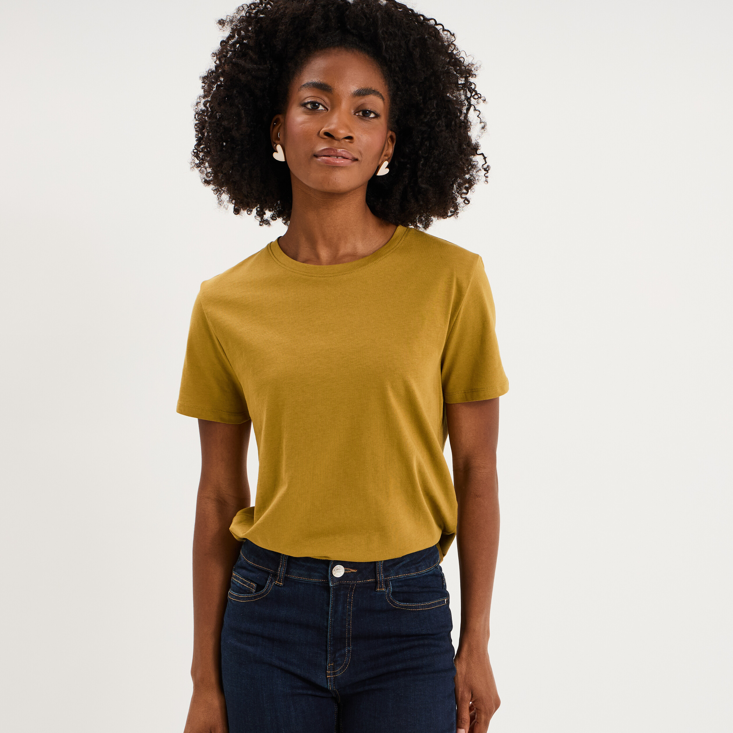 T-shirt col rond manches courtes coton vert olive femme