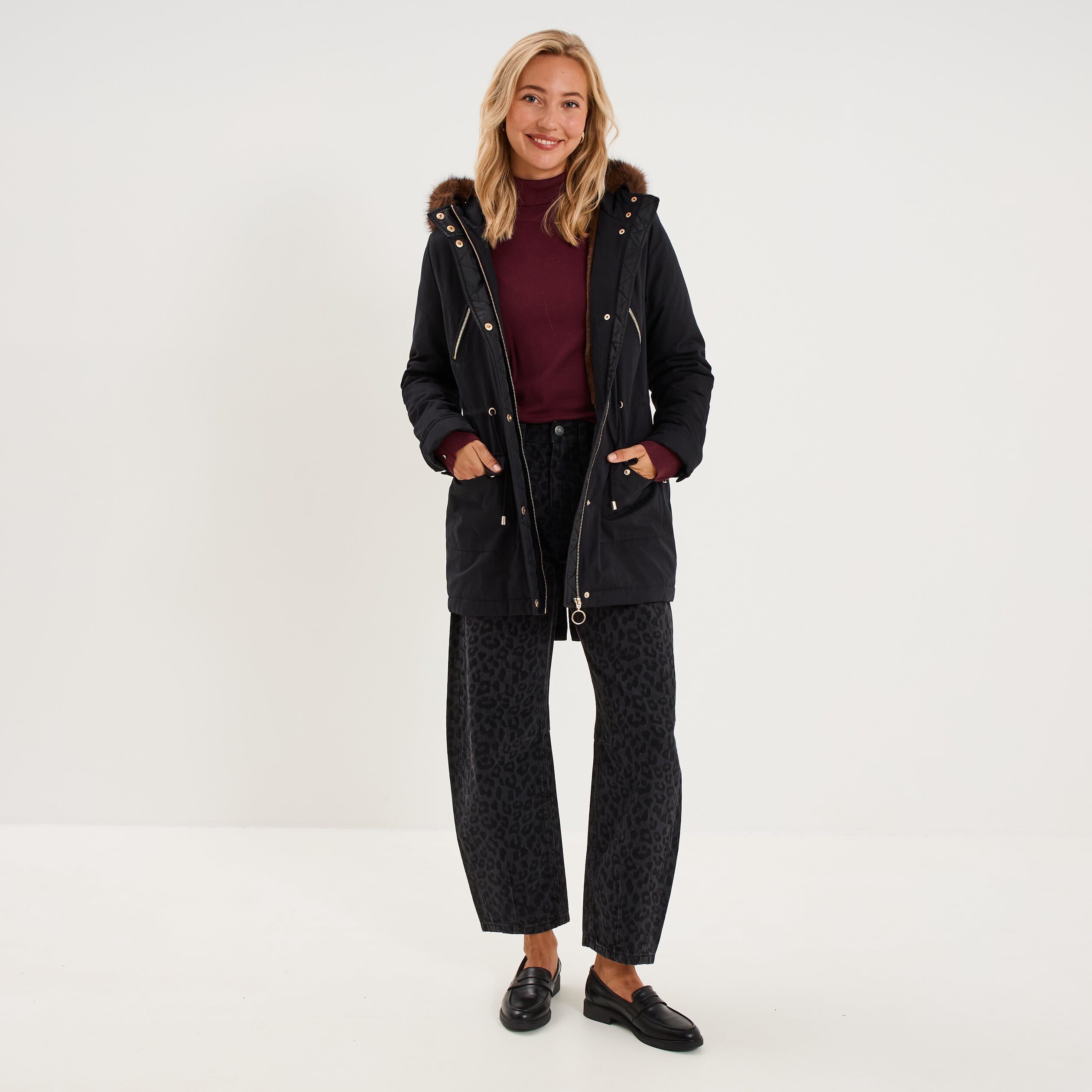Parka cintr&eacute;e capuche fausse fourrure noir femme
