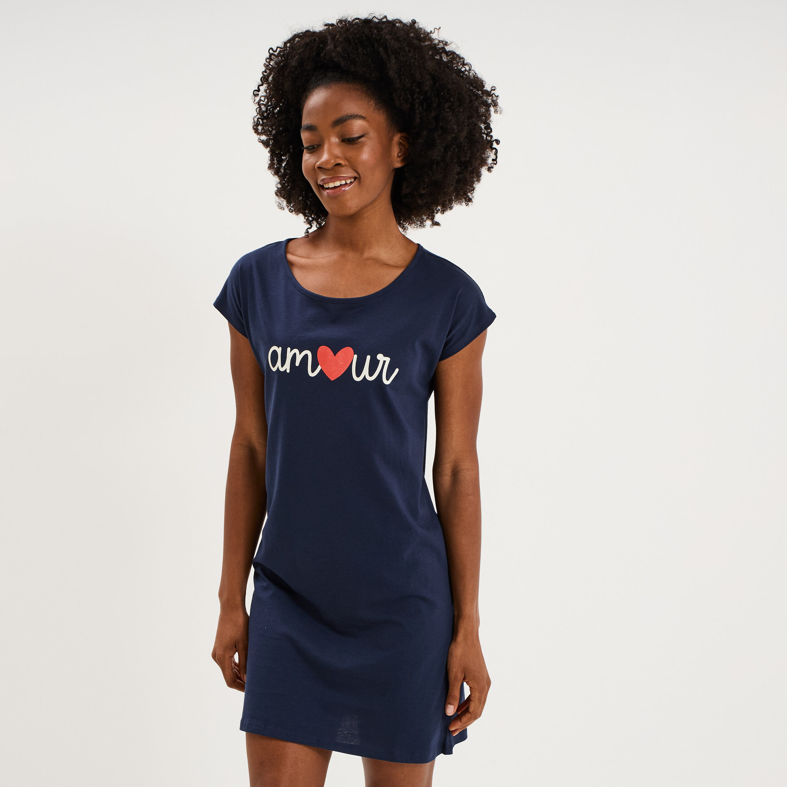 Chemise de nuit manches courtes coton bleu marine femme