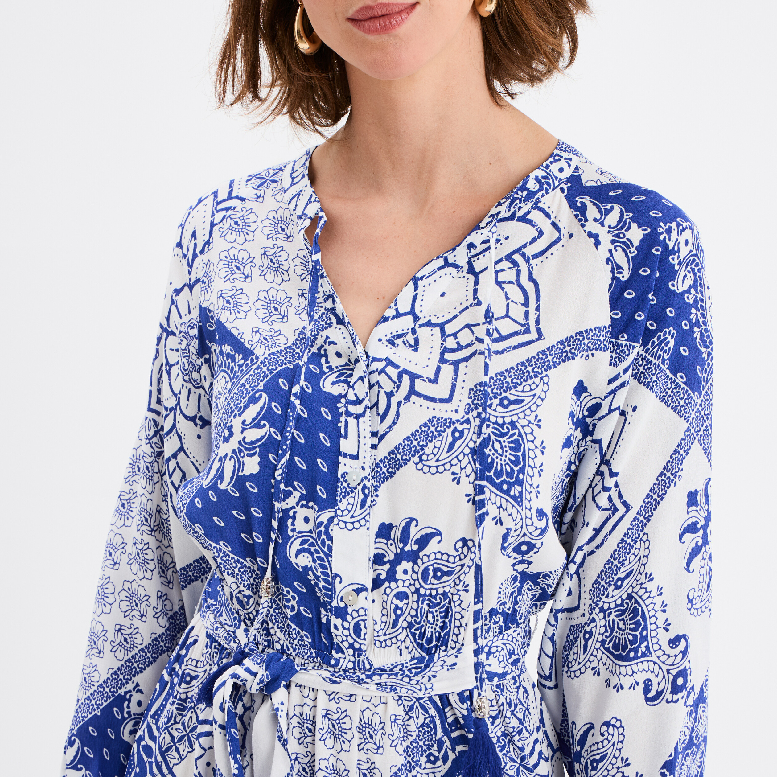 Robe fluide manches longues ceintur&eacute;e bleu femme