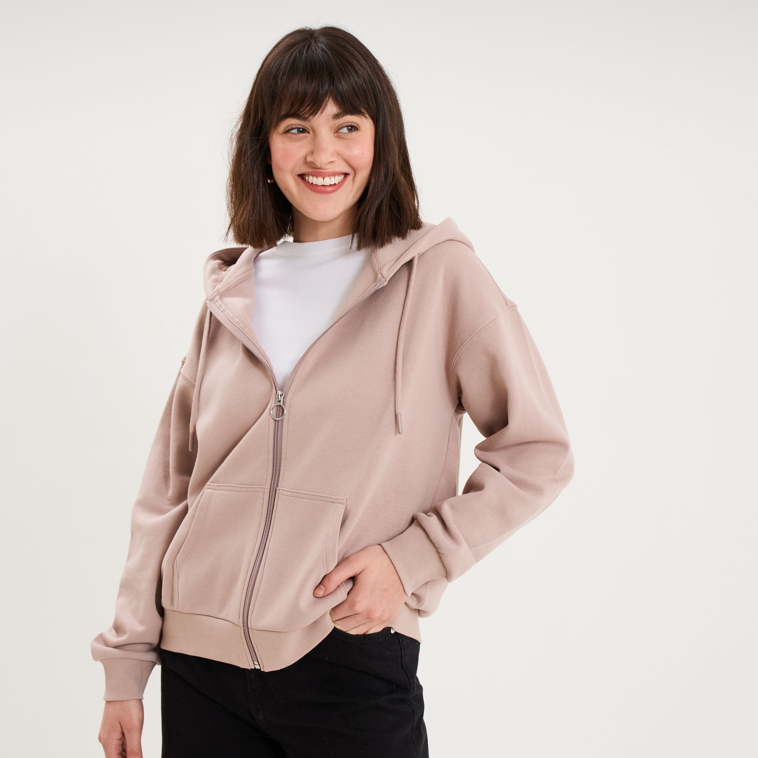 Sweat zipp&eacute; &agrave; capuche marron clair femme