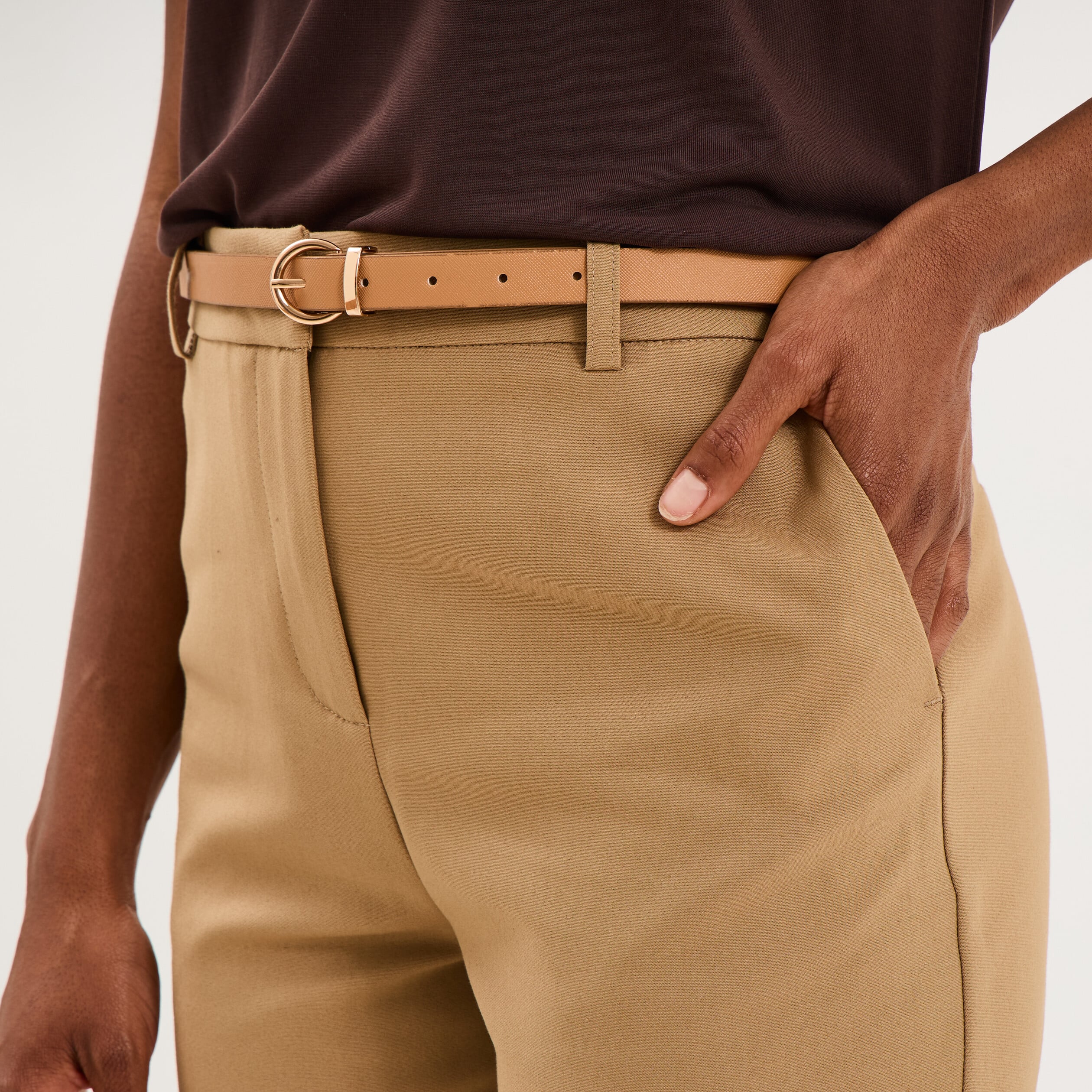 Pantalon chino ceinture amovible beige femme