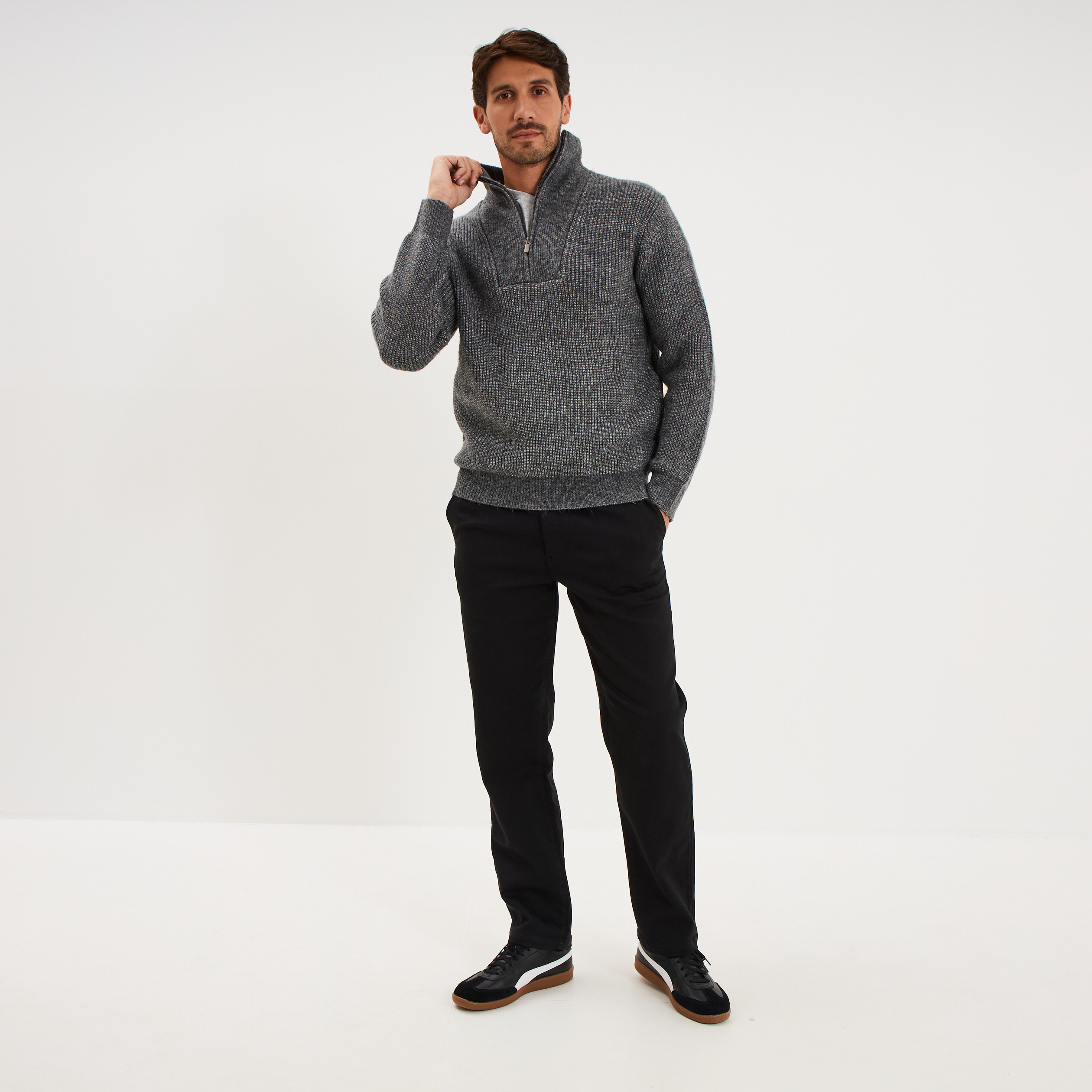 Pull avec col camionneur c&ocirc;tel&eacute; gris fonc&eacute; homme