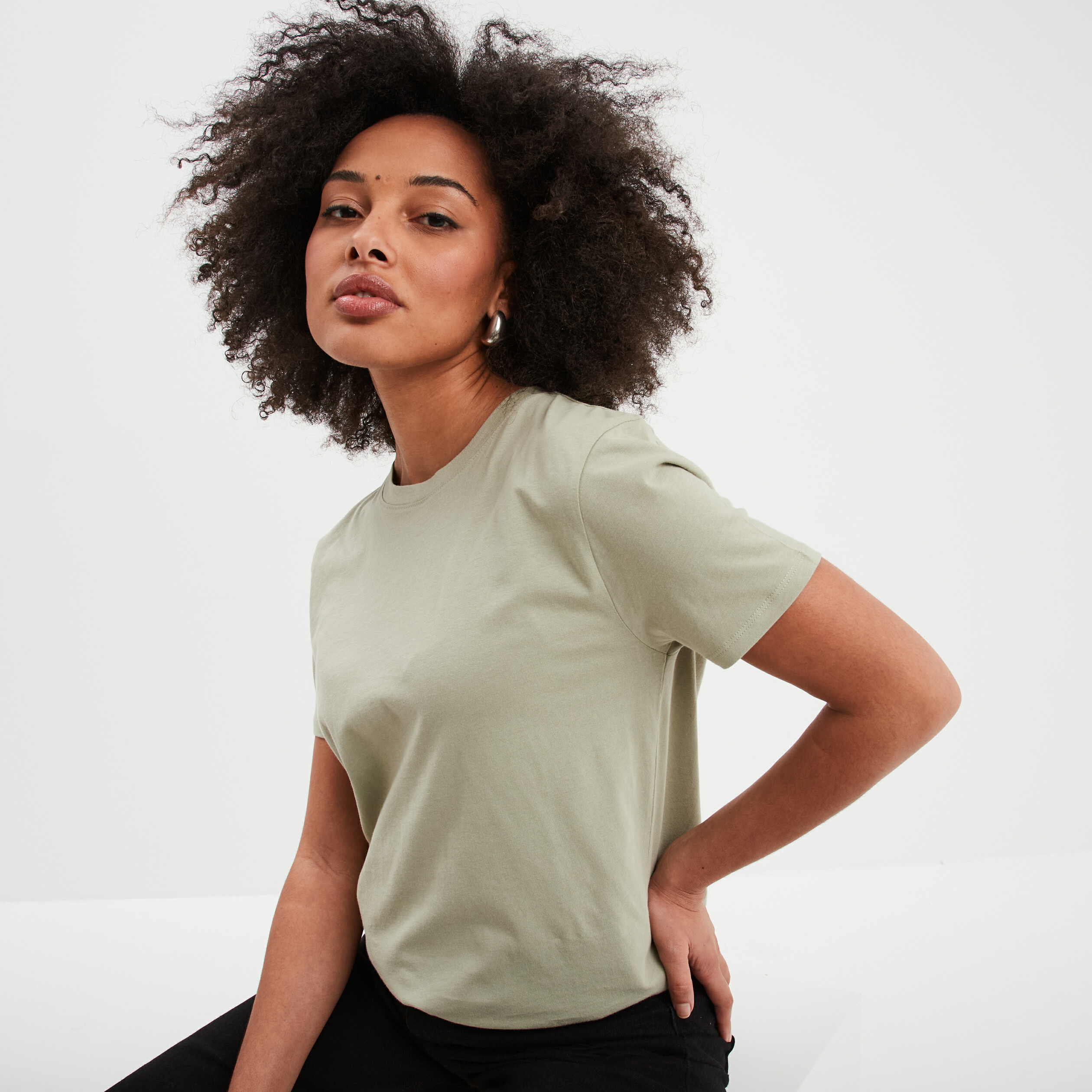 t shirt col rond manches courtes coton vert kaki femme T-shirt col rond manches courtes coton vert kaki femme