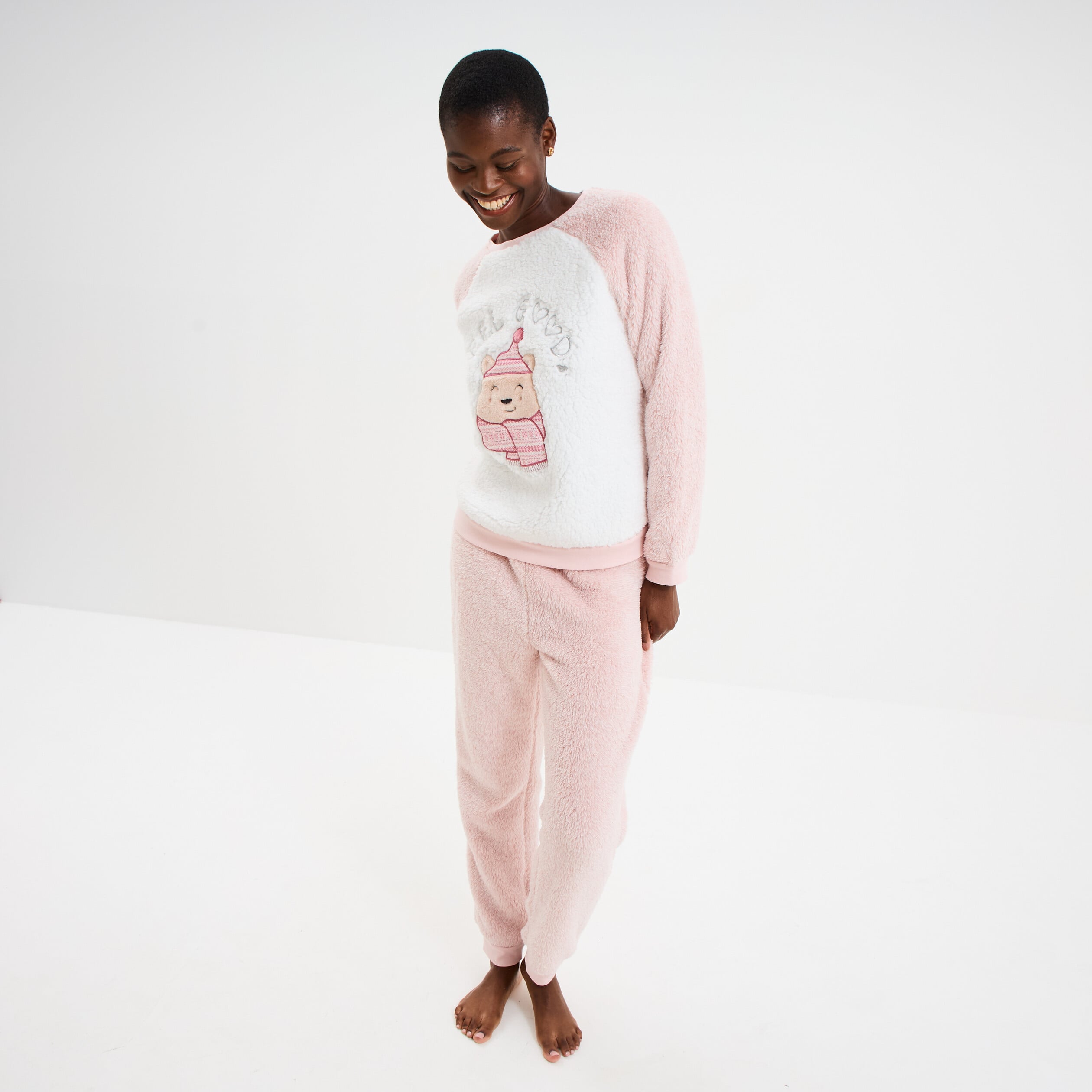 Ensemble pyjama effet polaire 2 pi&egrave;ces rose femme