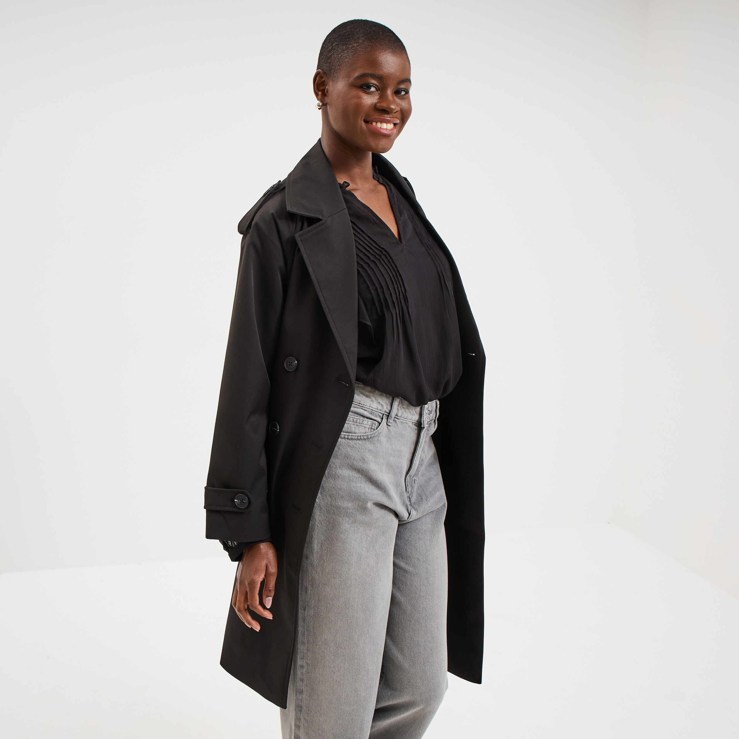 Trench long ceintur&eacute; noir femme