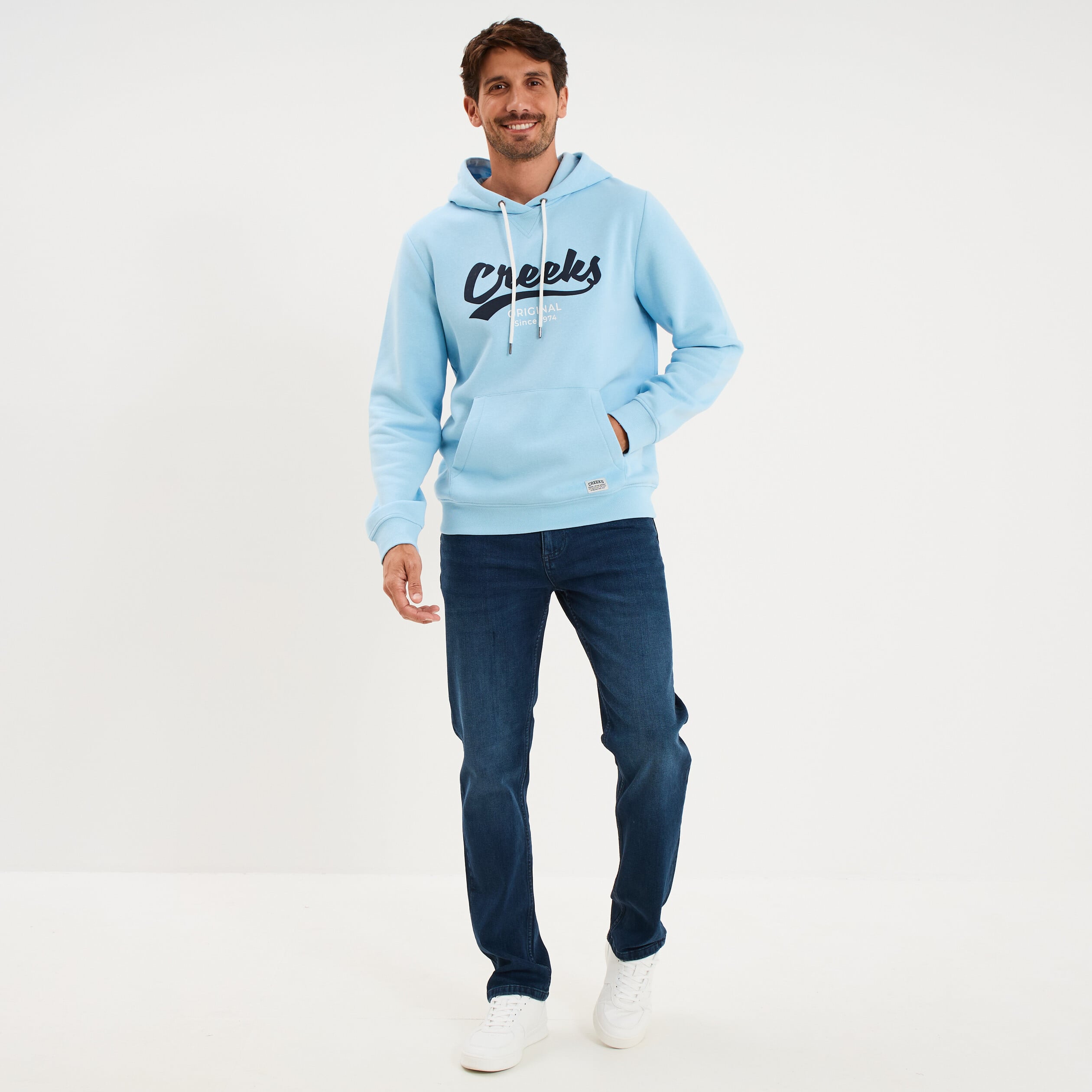 Sweat hoodie 1 poche manches longues bleu clair homme