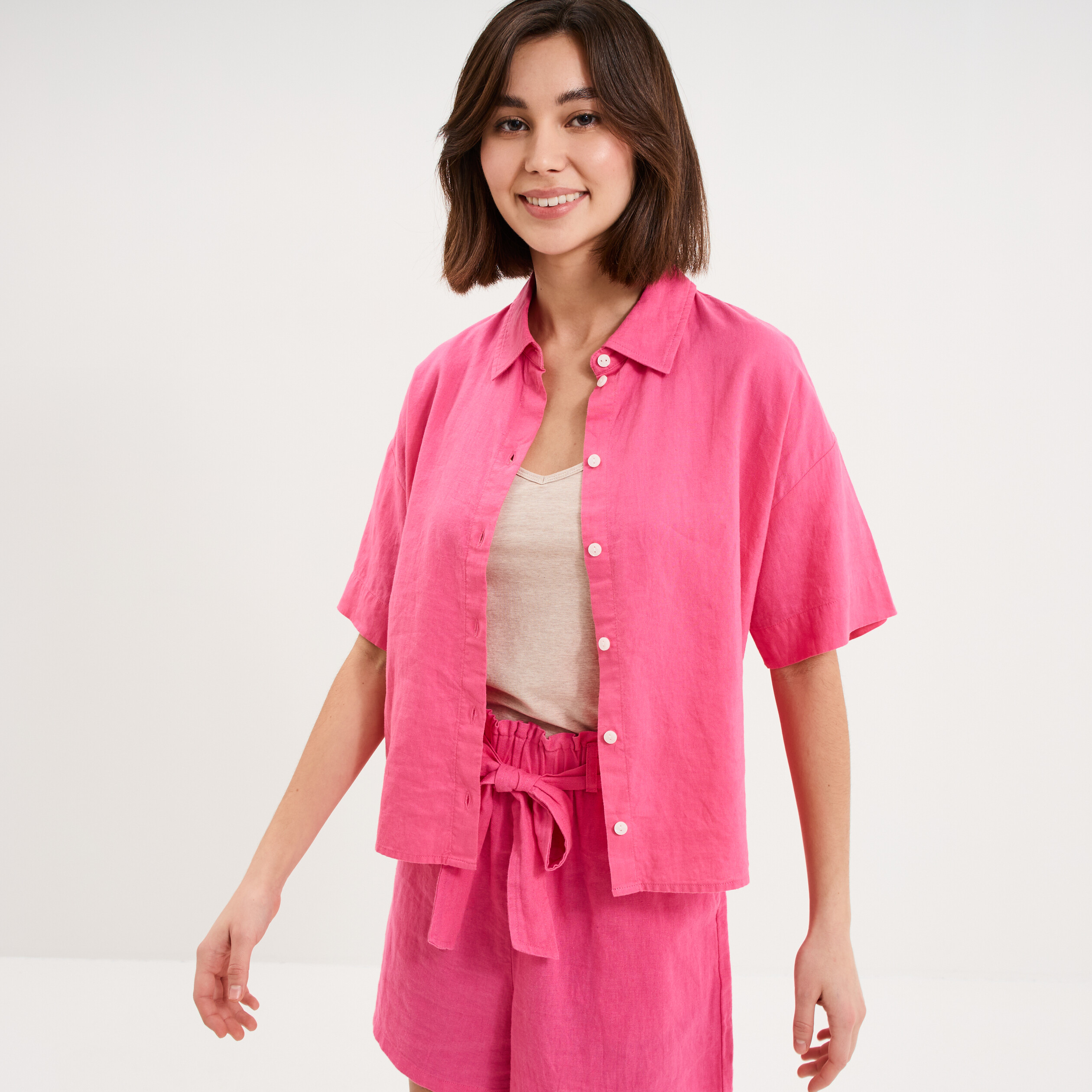 Chemise manches courtes lin m&eacute;lang&eacute; rose fushia femme