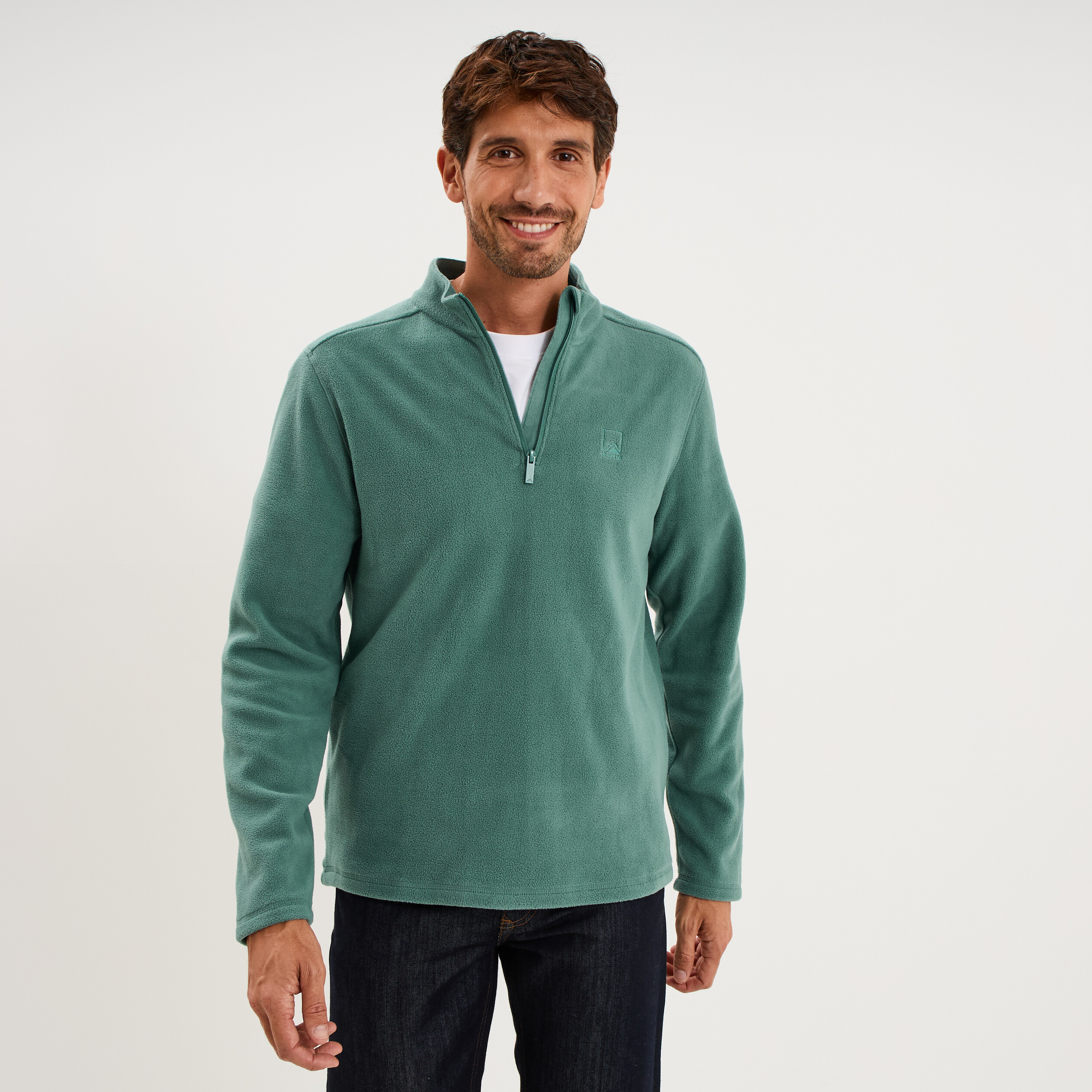 Sweat polaire col camionneur vert fonc&eacute; homme