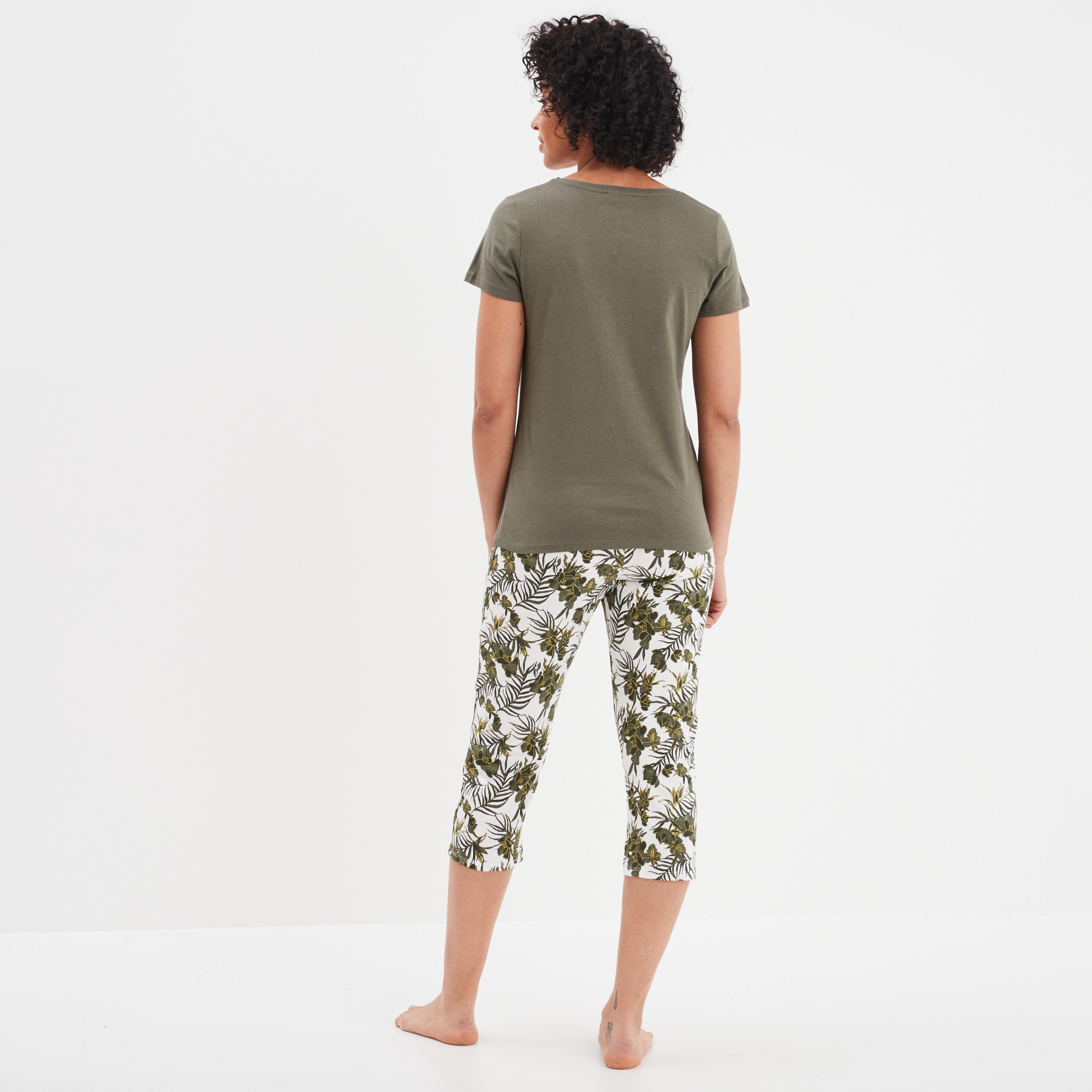 Ensemble pyjama corsaire 2 pi&egrave;ces coton vert kaki femme