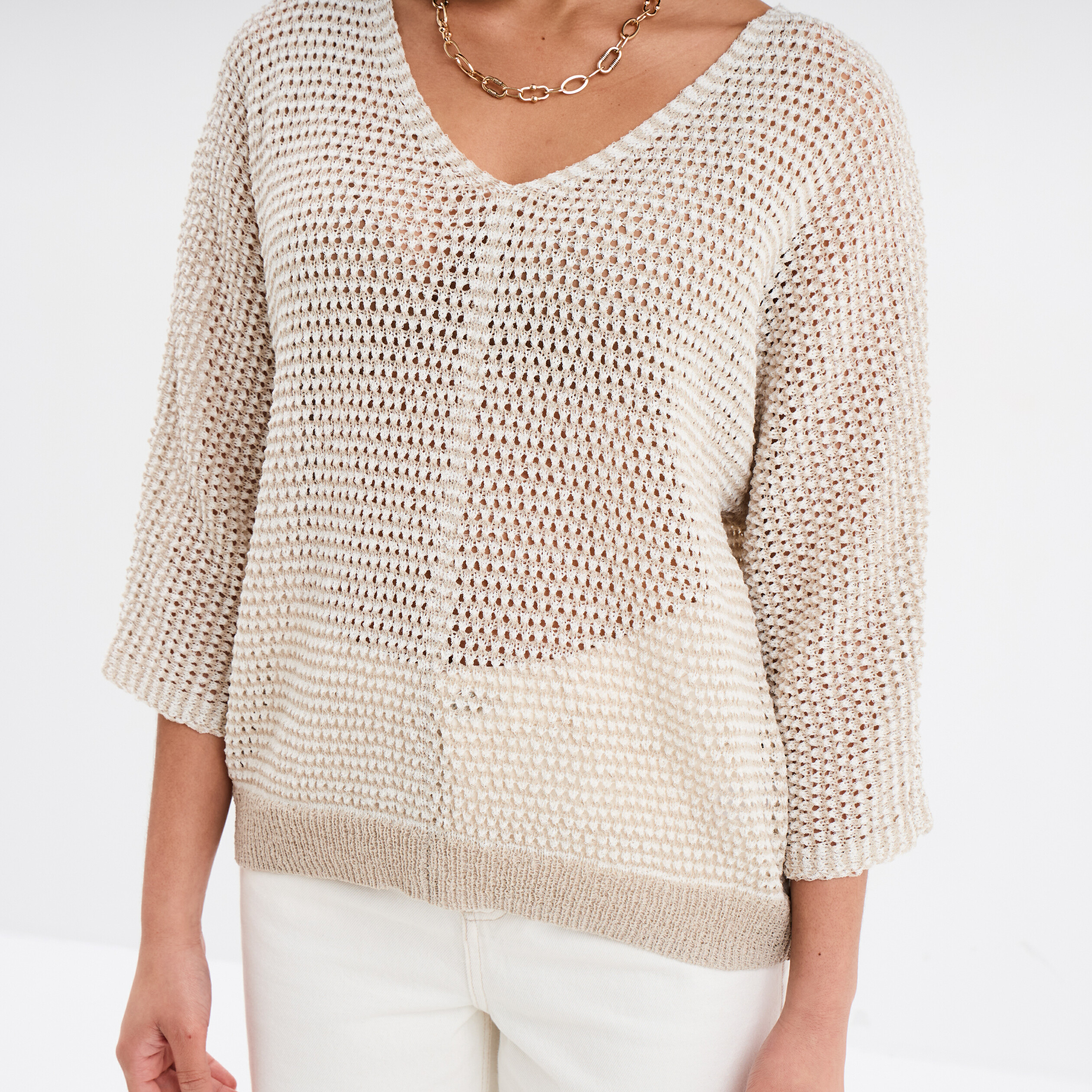 pull ajoure effet crochet manches 34 beige femme Pull ajouré effet crochet manches 3/4 beige femme