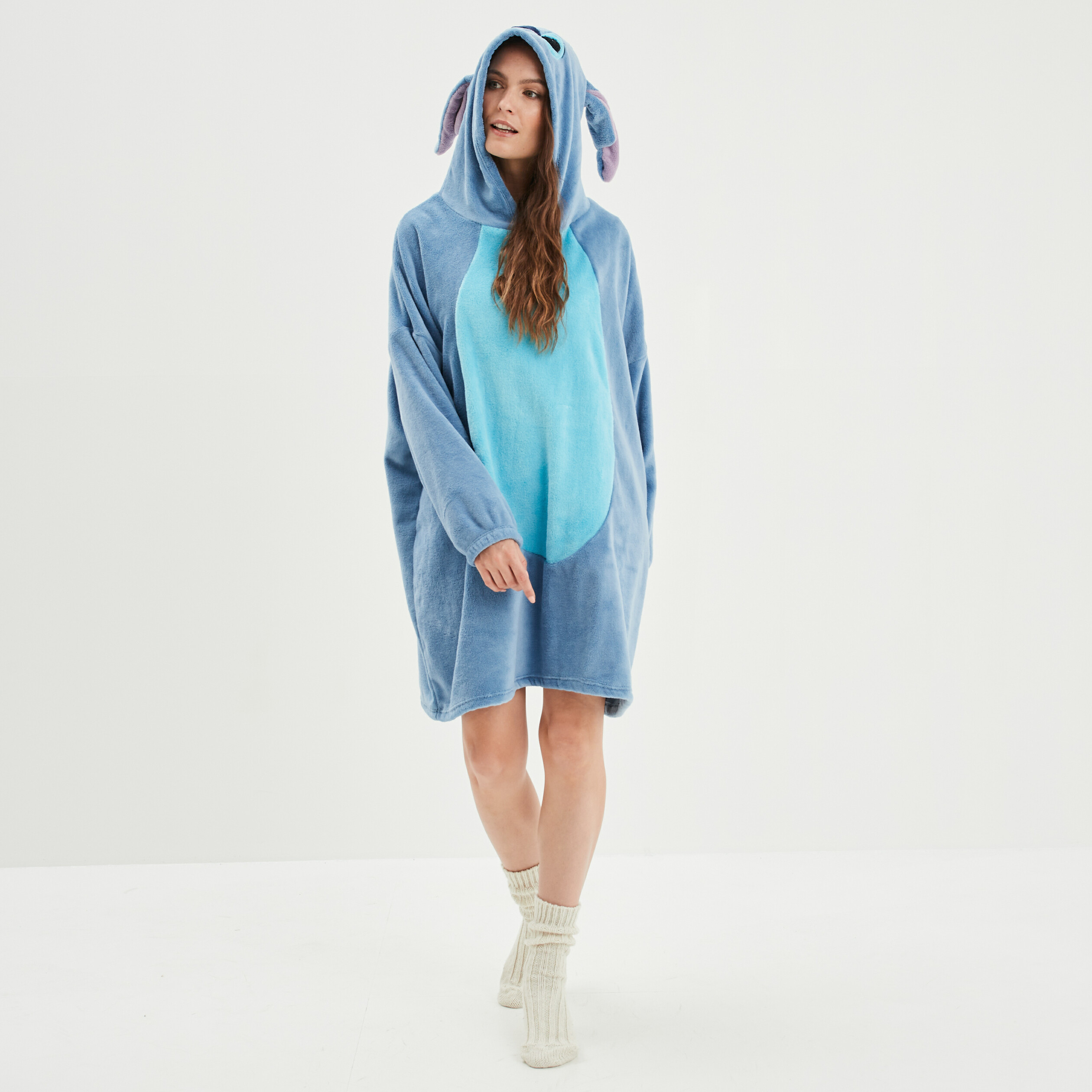 Chemise de nuit pilou à capuche Stitch bleu femme