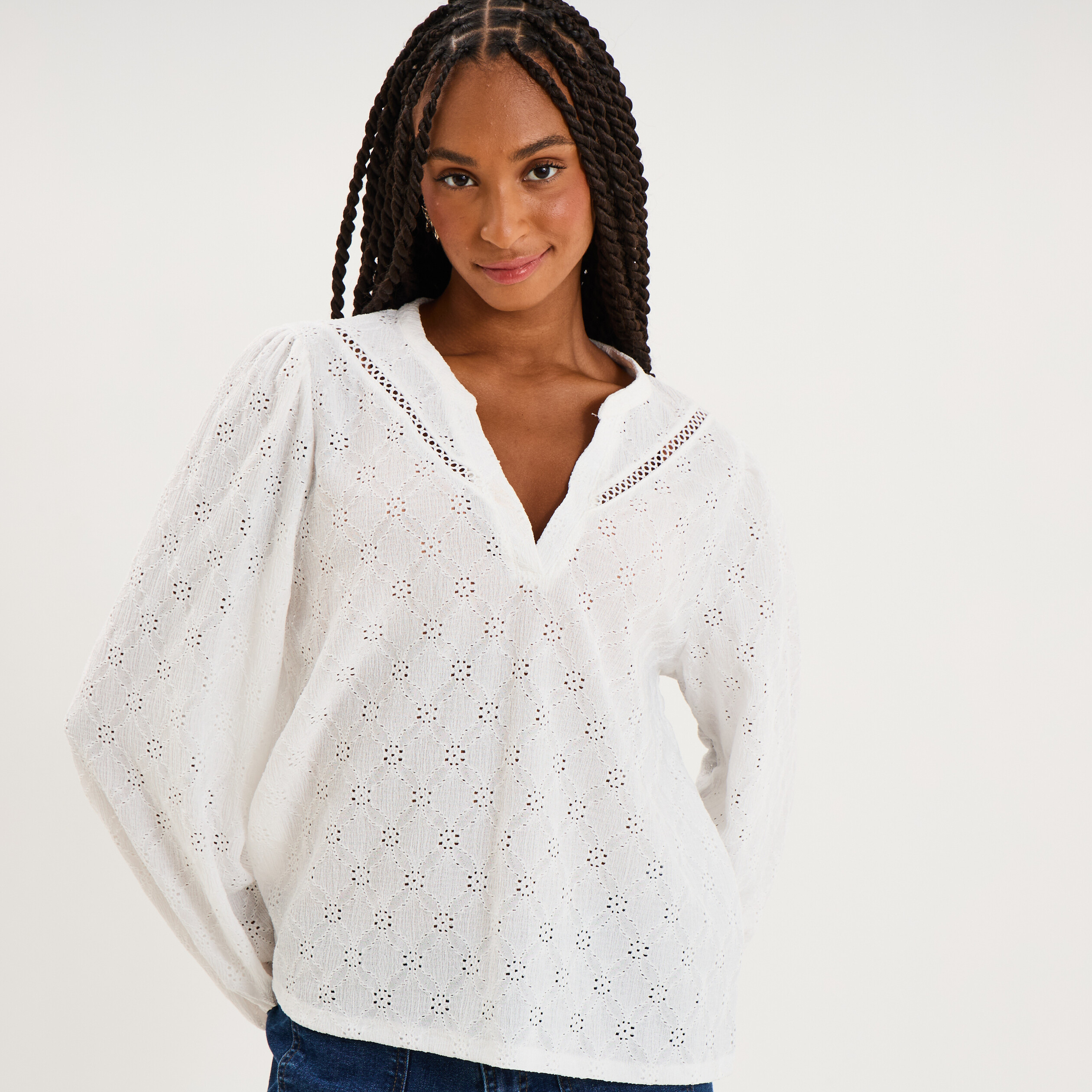 Blouse broderie anglaise manches longues blanc femme