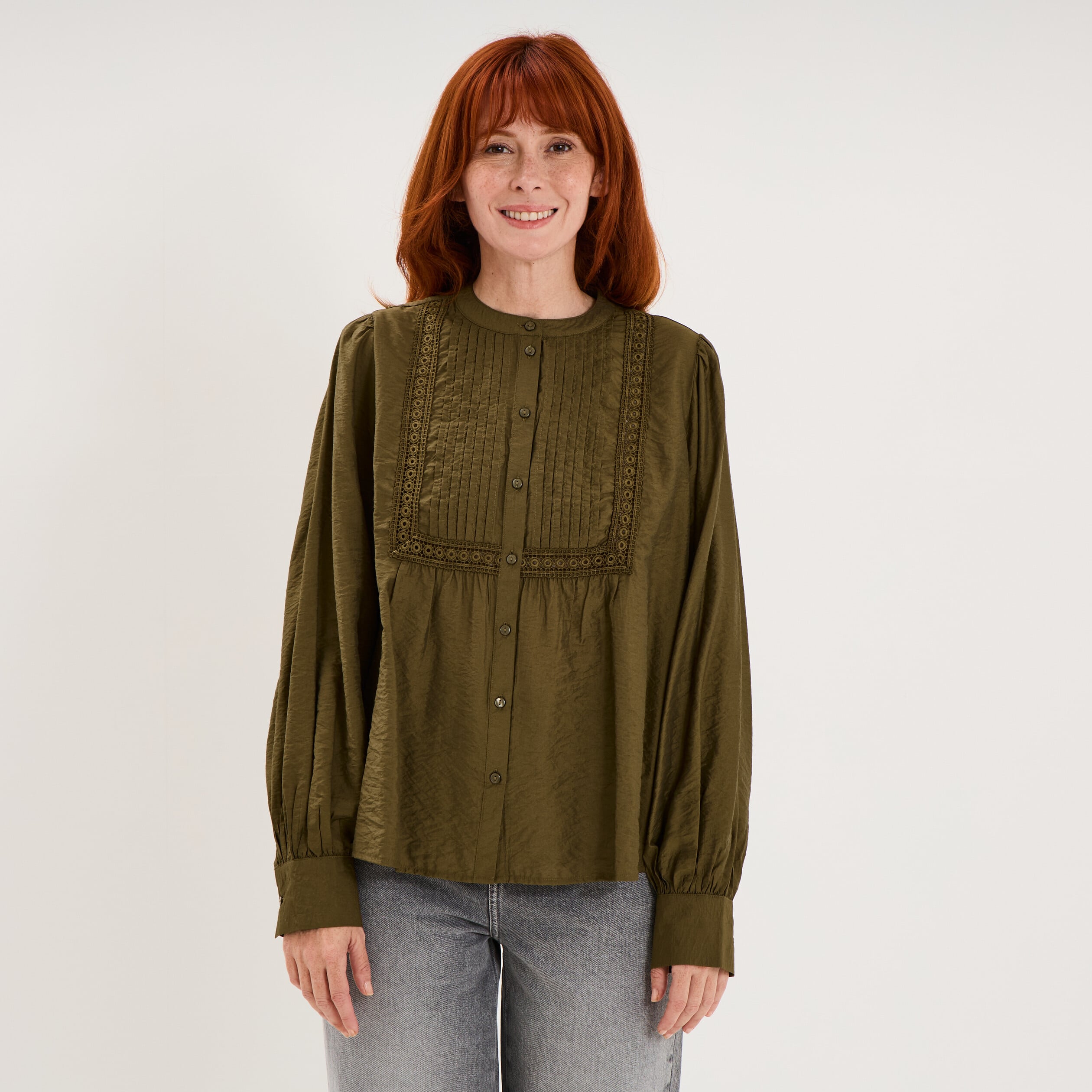 Blouse manches longues galons et fronces vert kaki femme