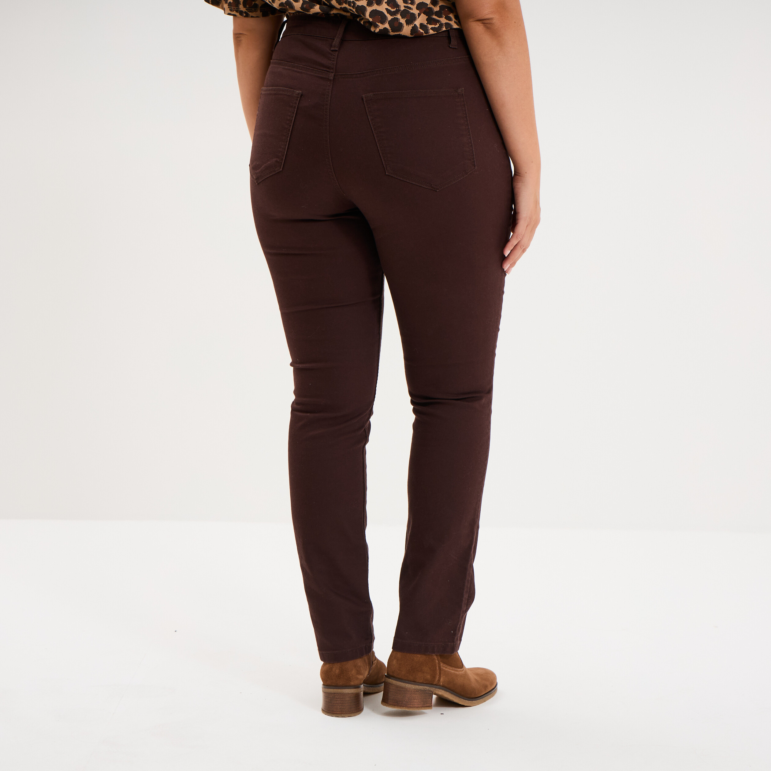 Pantalon droit taille haute extensible marron fonc&eacute; femme grande taille