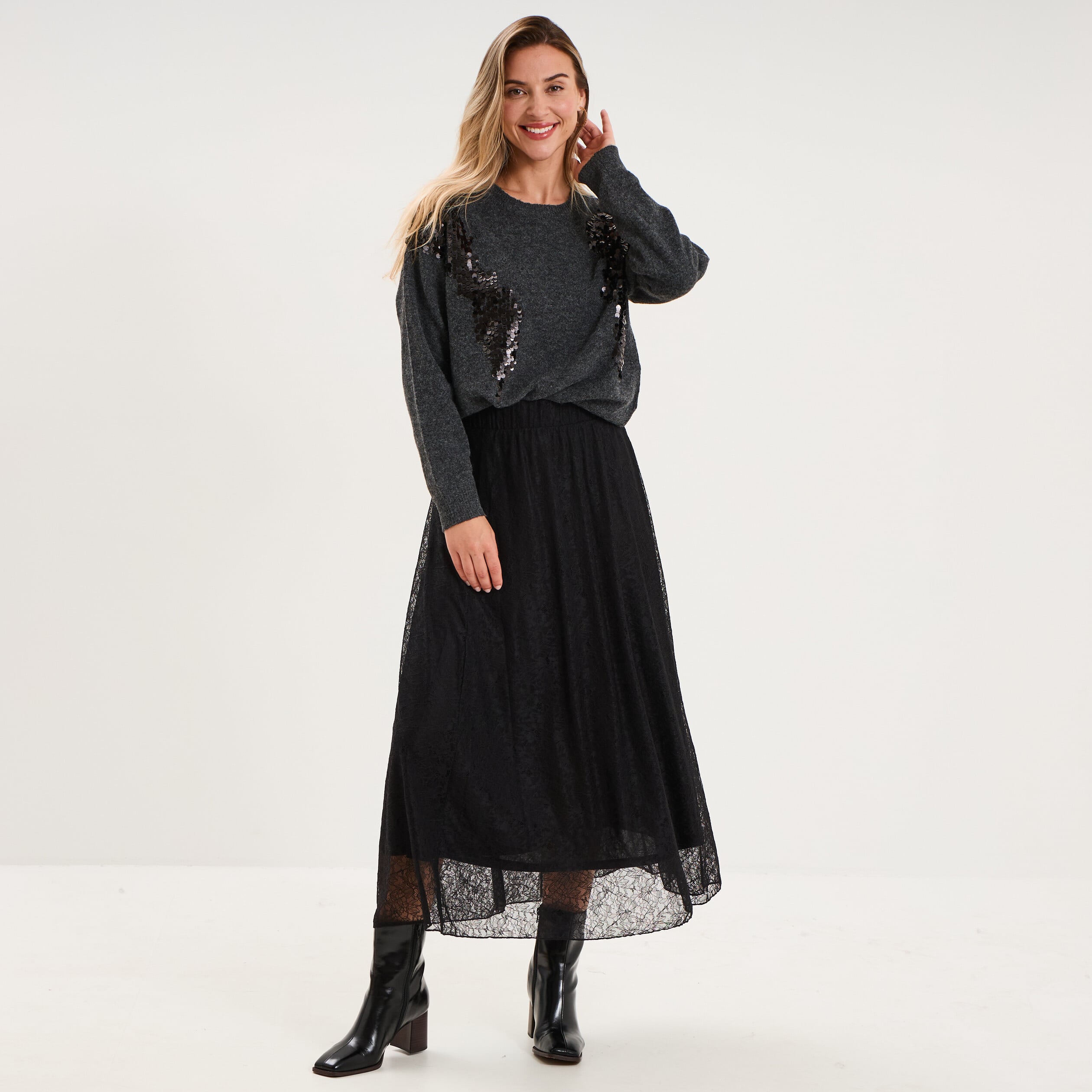 Pull &agrave; paillettes gris fonc&eacute; femme