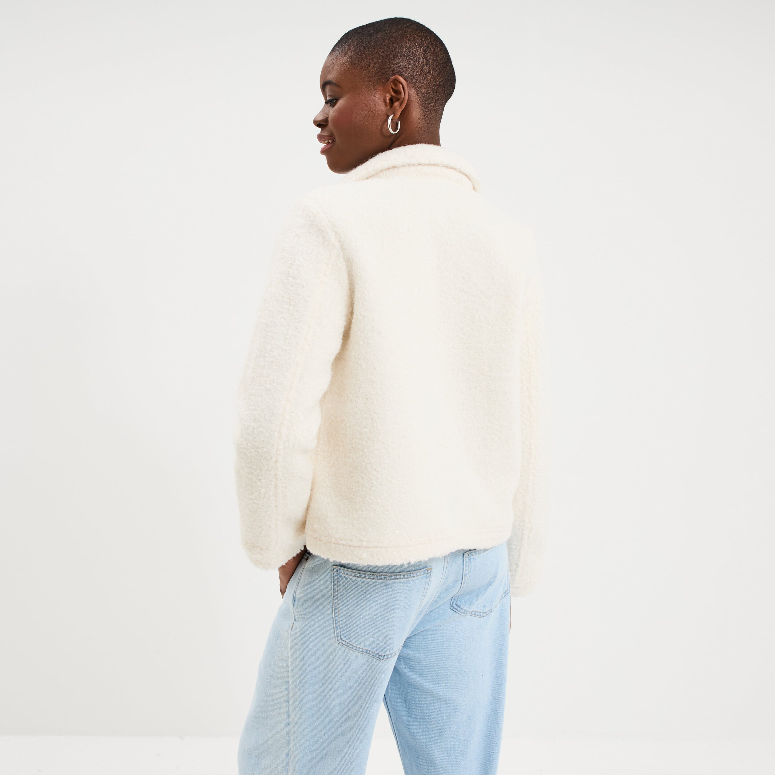 Veste courte droite effet bouclette blanc femme
