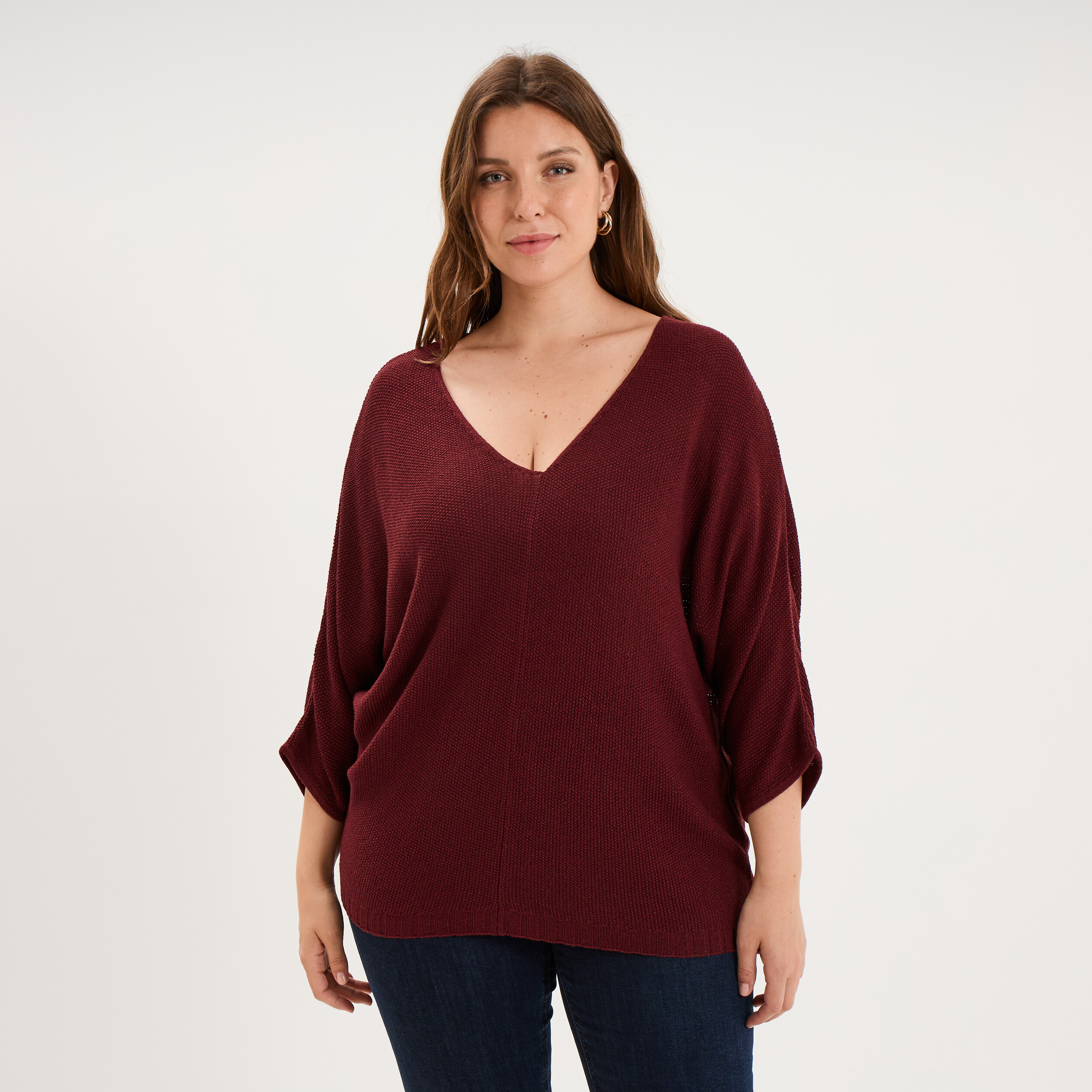 Pull manches 3/4 col en V violet fonc&eacute; femme grande taille