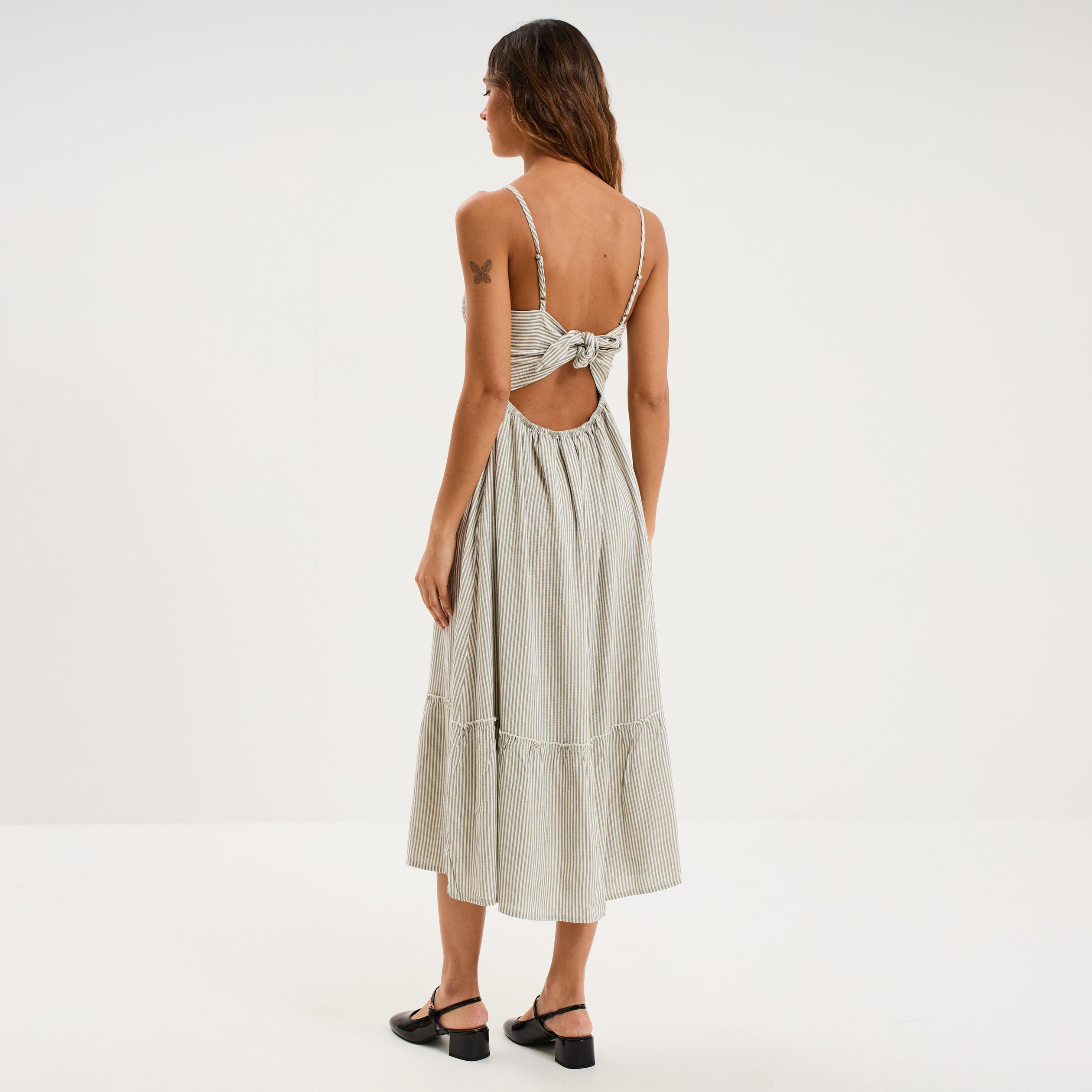 Robe longue buste smock&eacute; lin m&eacute;lang&eacute; blanc femme