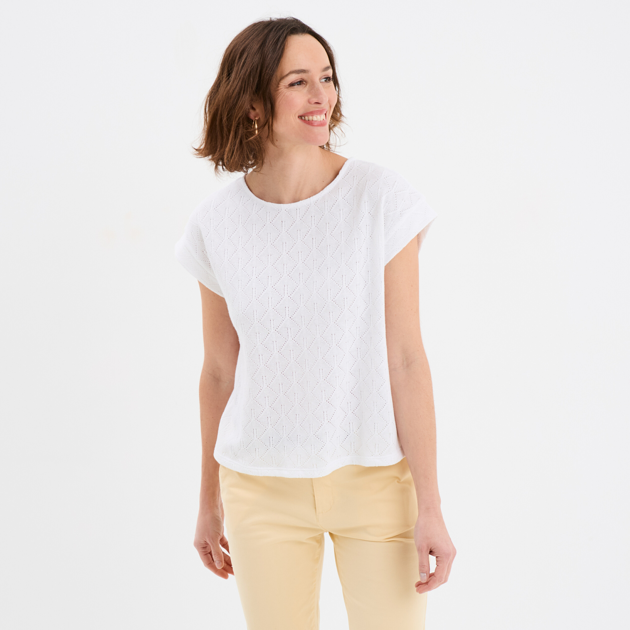 T-shirt ajour&eacute; manches courtes blanc femme
