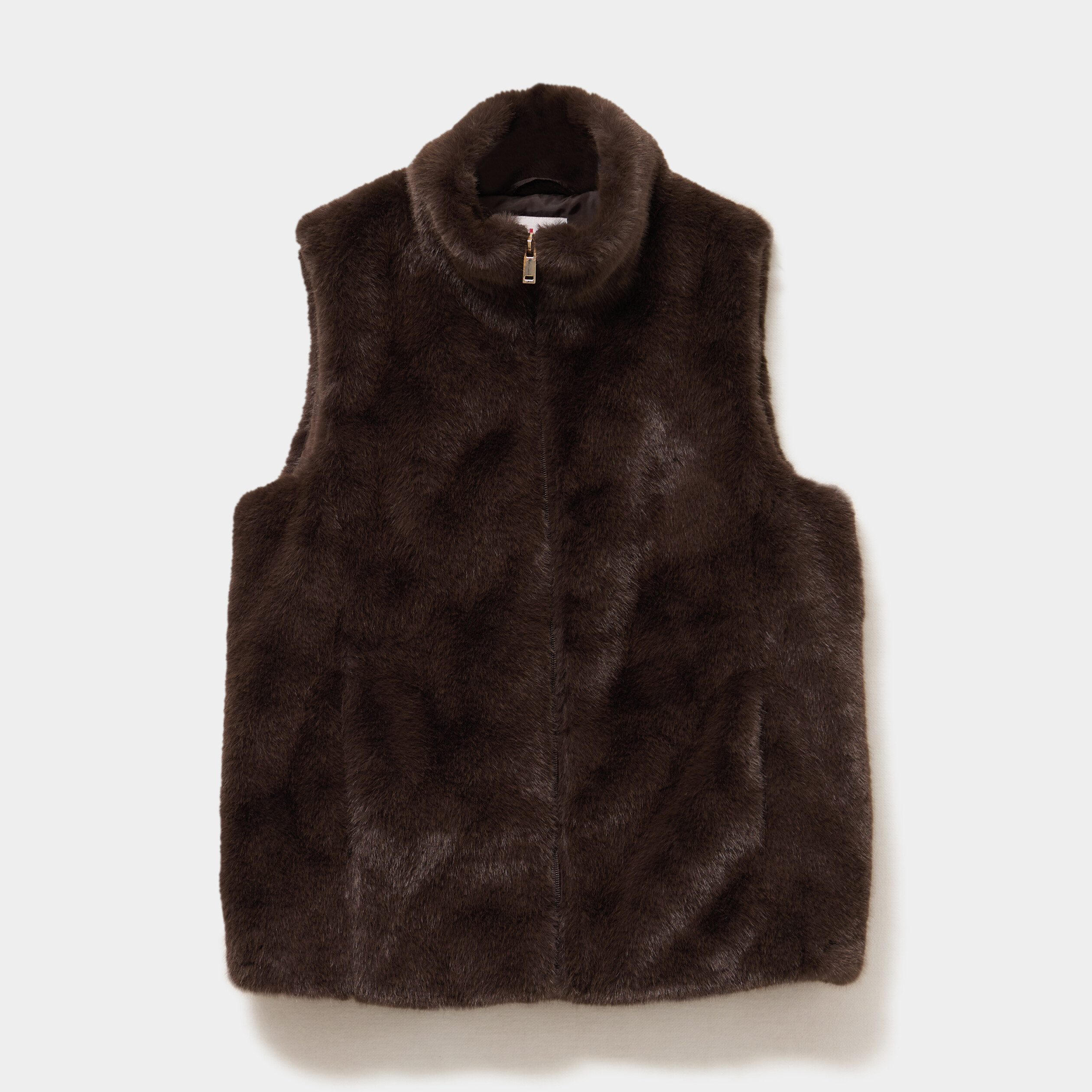Gilet fausse fourrure col montant zipp&eacute; marron fonc&eacute; femme