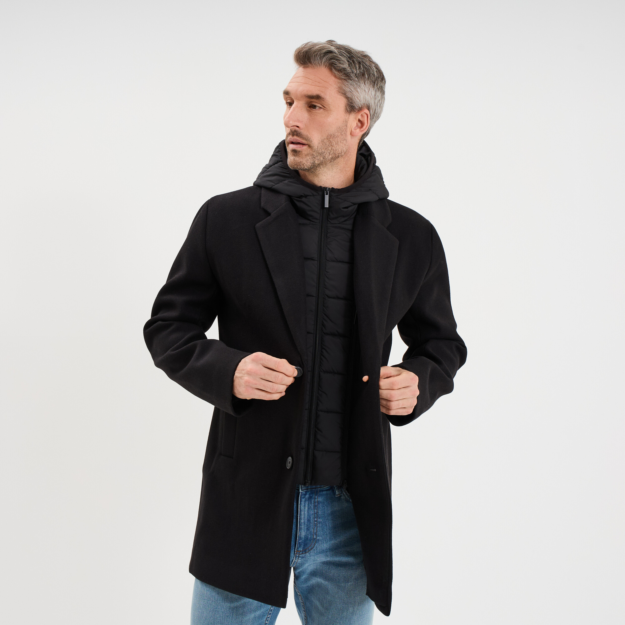 Manteau mi-long 3 en 1 &agrave; capuche noir homme