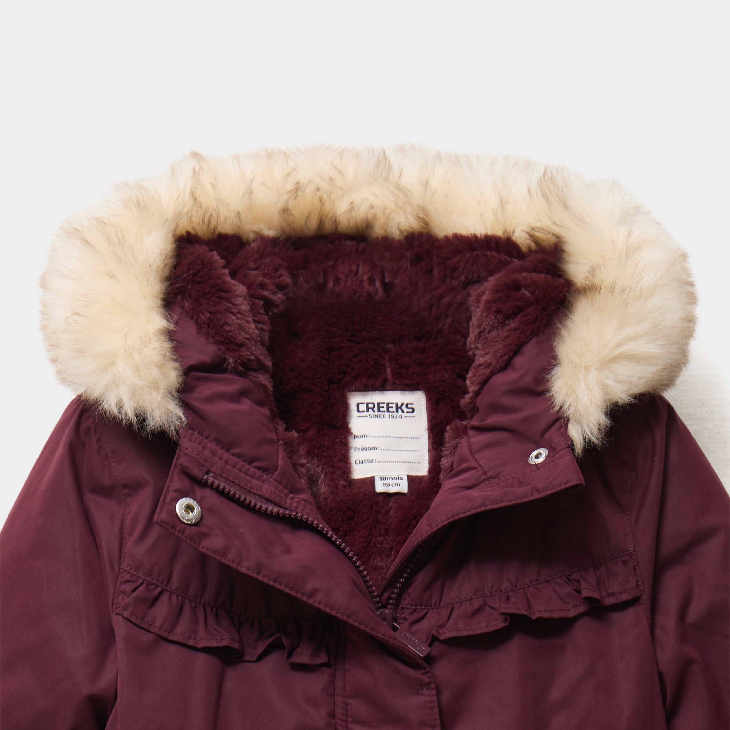 Manteau &agrave; capuche fausse fourrure bordeaux b&eacute;b&eacute; fille