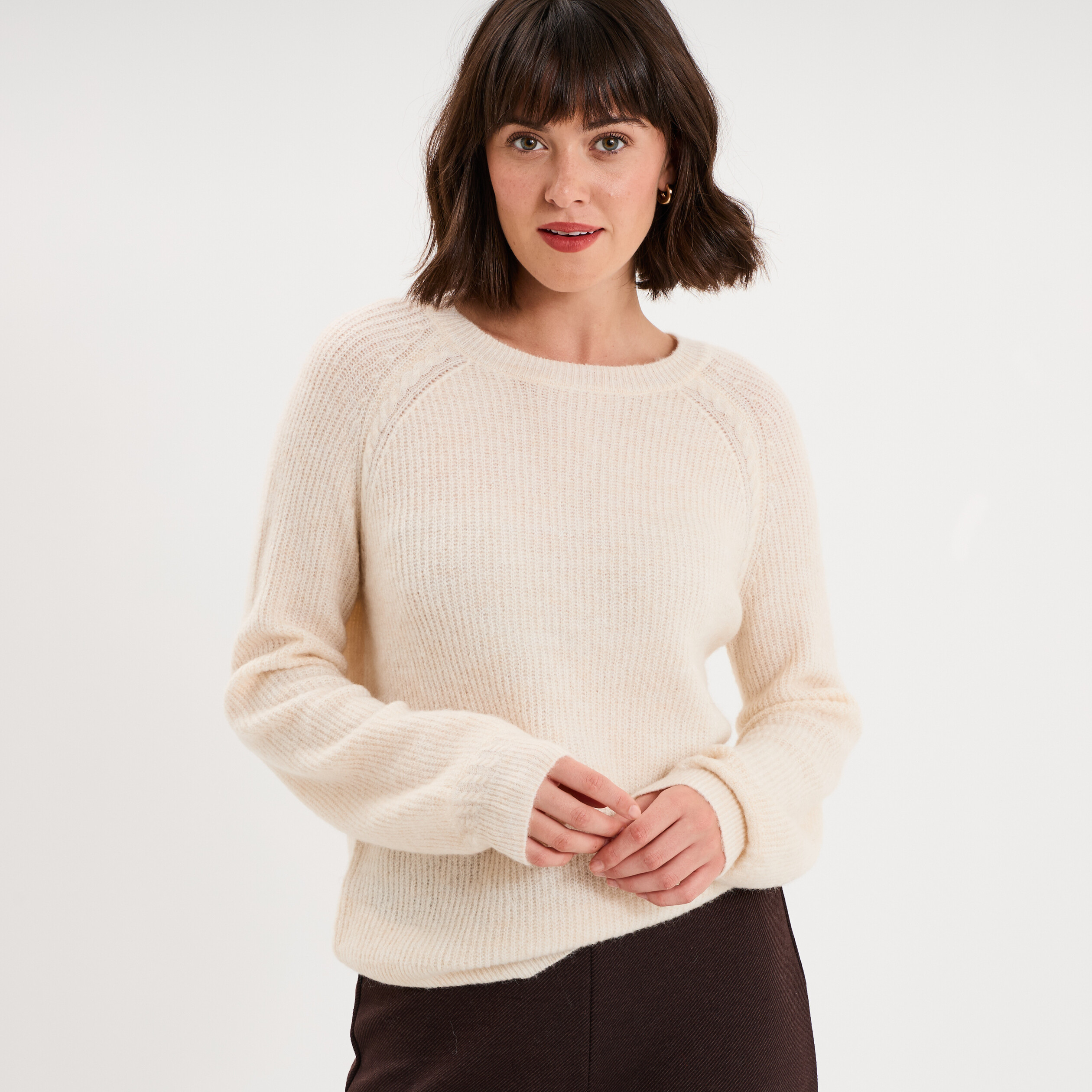 Pull col rond manches longues blanc femme