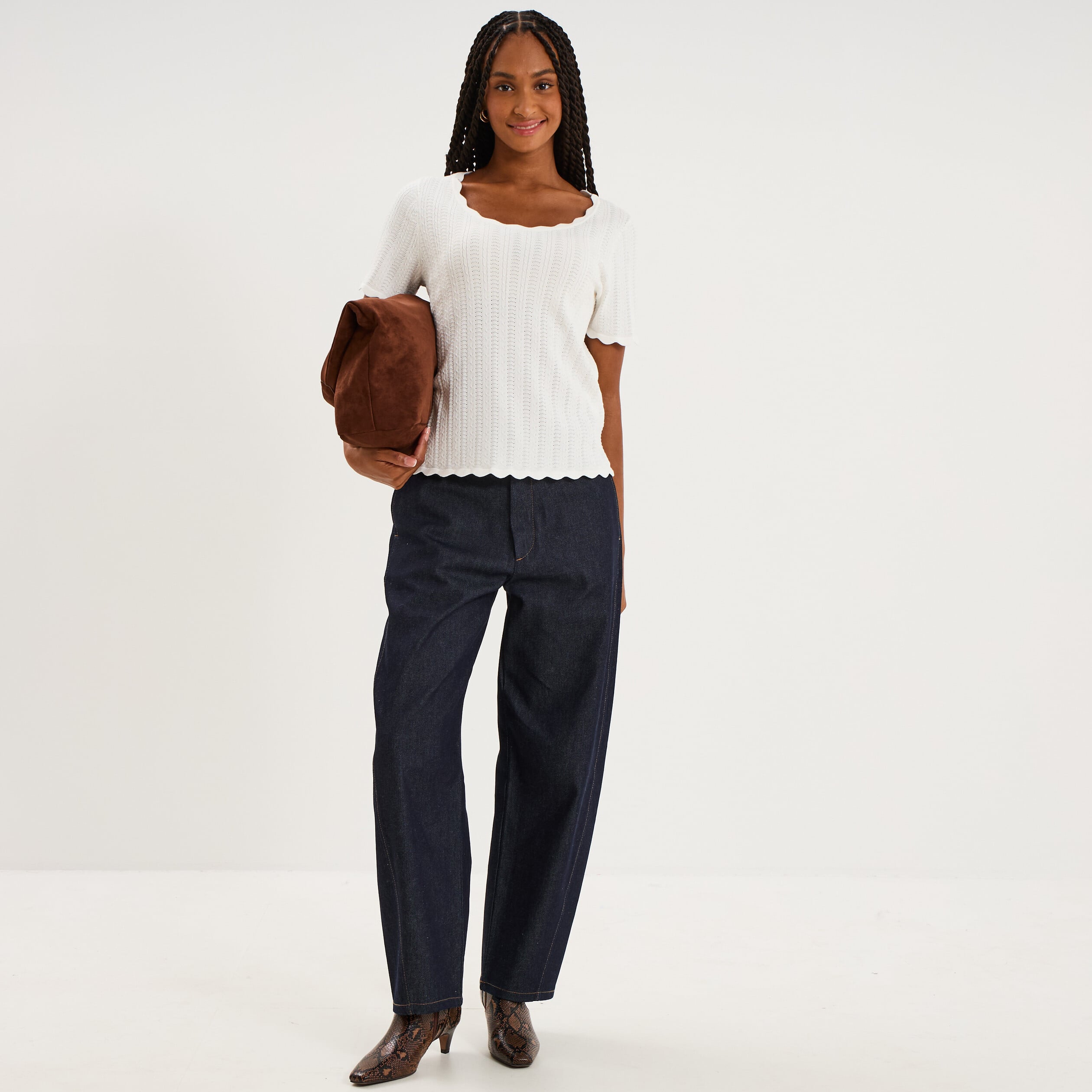 Pull col rond textur&eacute; manches courtes blanc femme