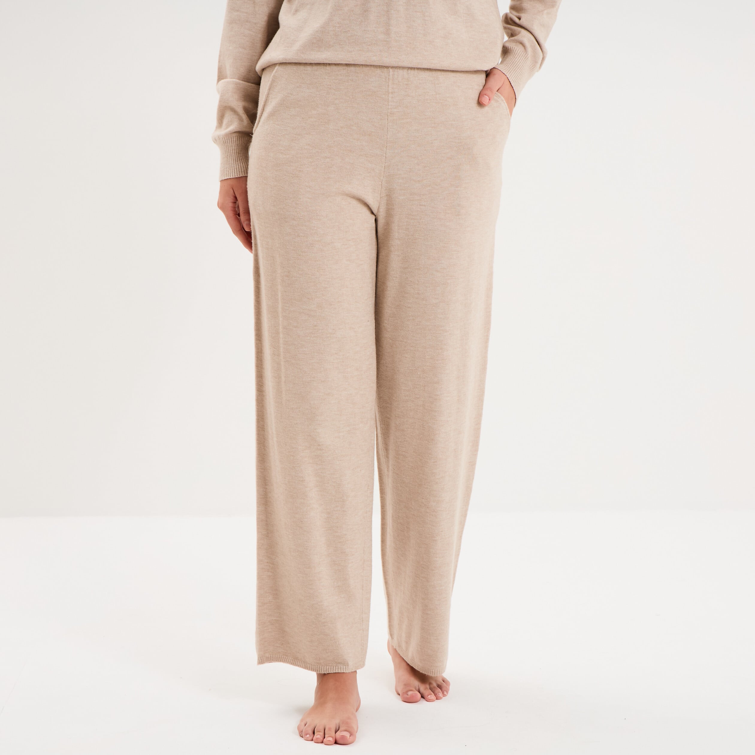 Pantalon de pyjama large en maille beige femme