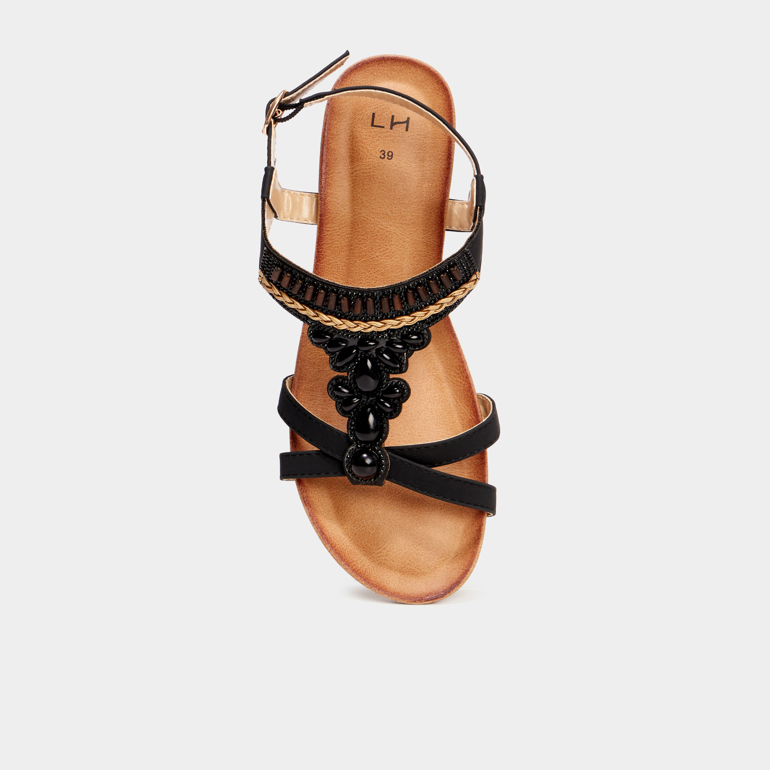 Sandales compens&eacute;es d&eacute;tails bijoux noir femme