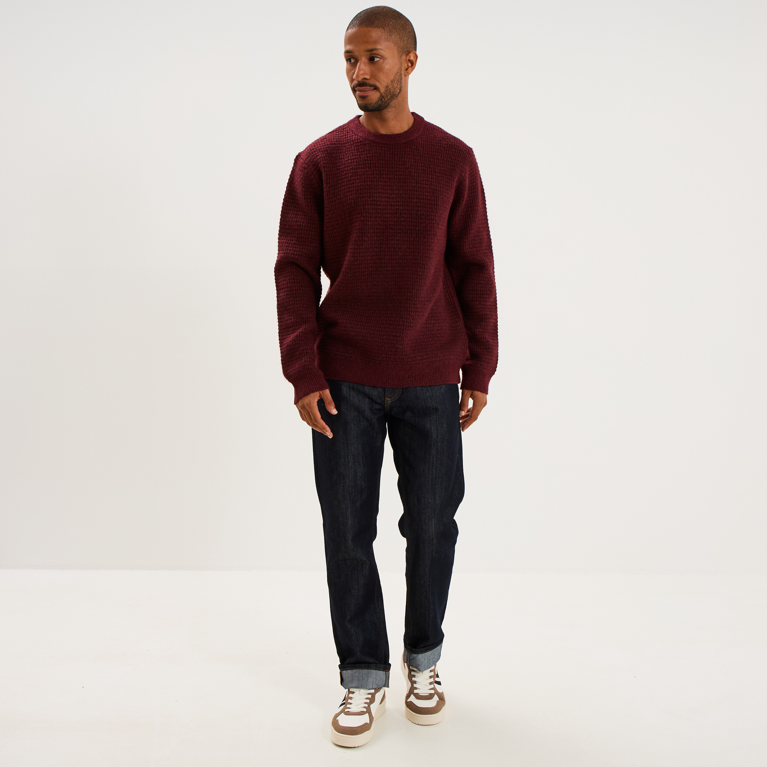 Pull col rond manches longues prune homme