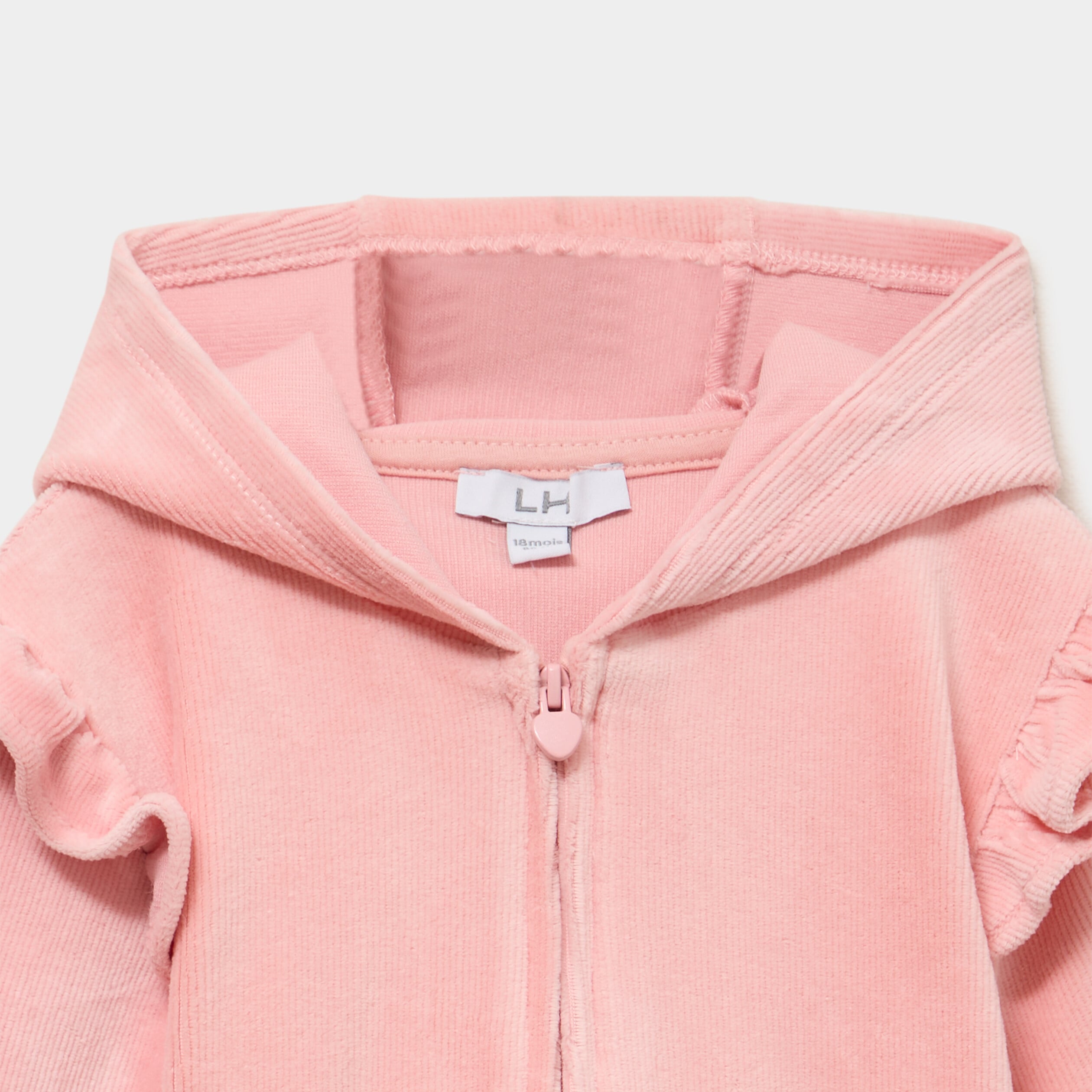 Gilet &agrave; capuche effet velours c&ocirc;tel&eacute; rose poudr&eacute;e b&eacute;b&eacute; fille