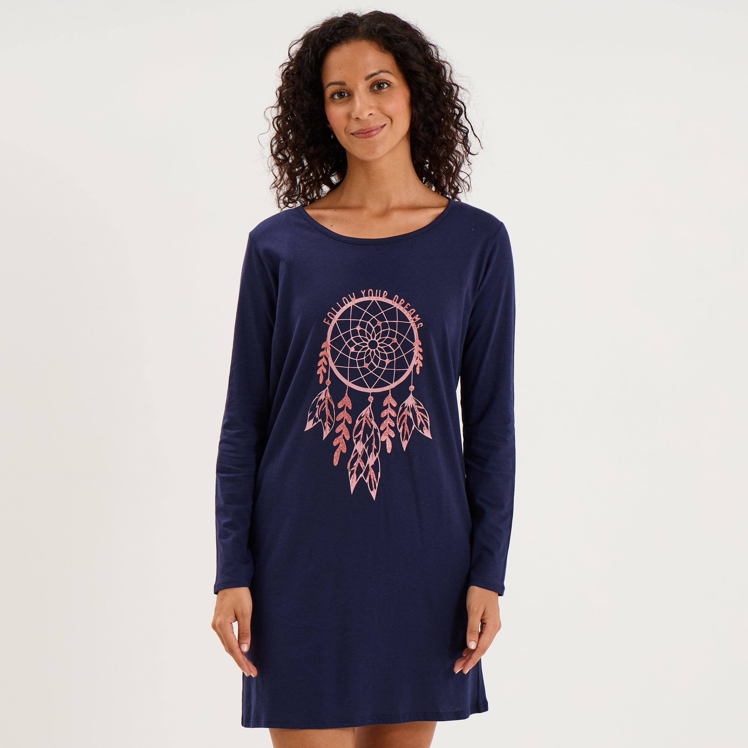 Chemise de nuit manches longues coton bleu marine femme