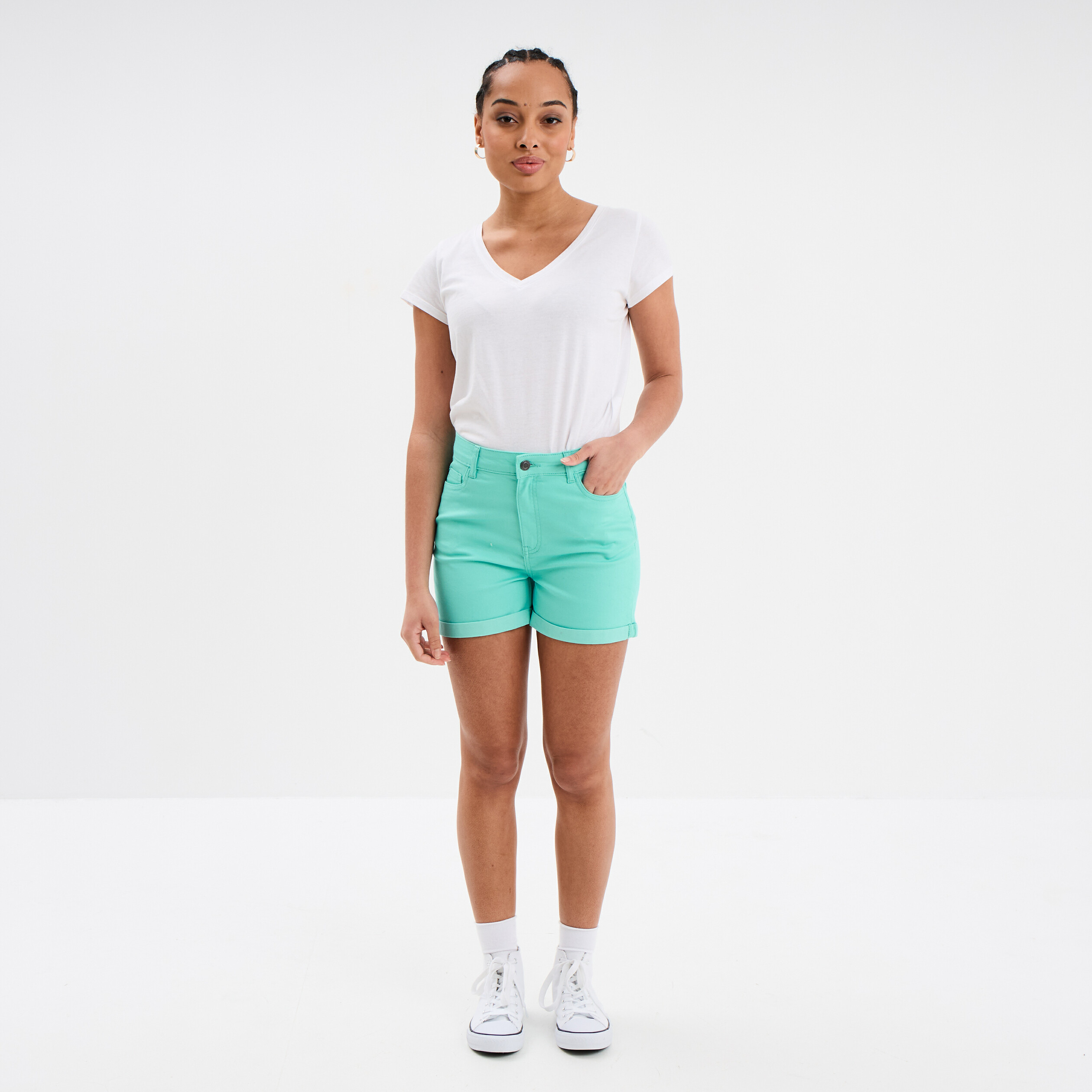 Short en jean slim coton stretch bleu turquoise femme
