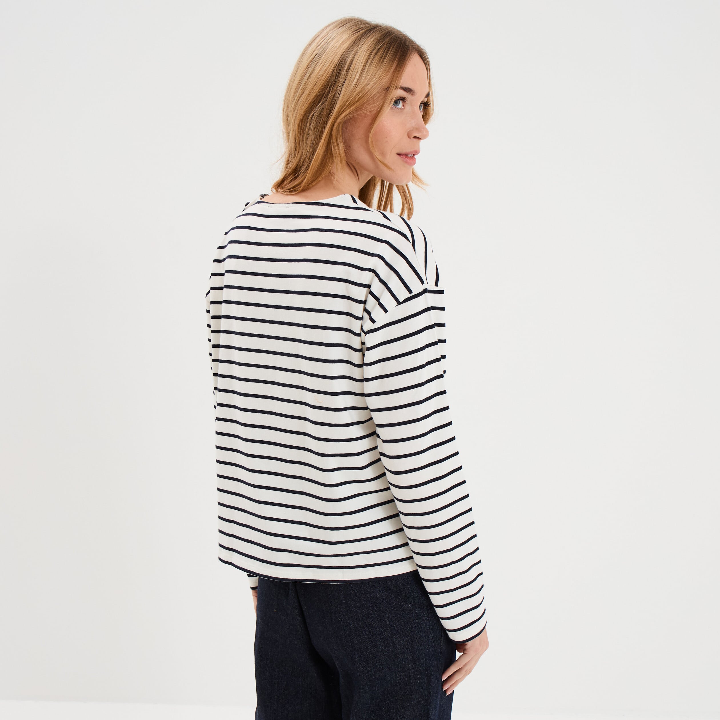 T-shirt marini&egrave;re col rond avec boutons ecru femme