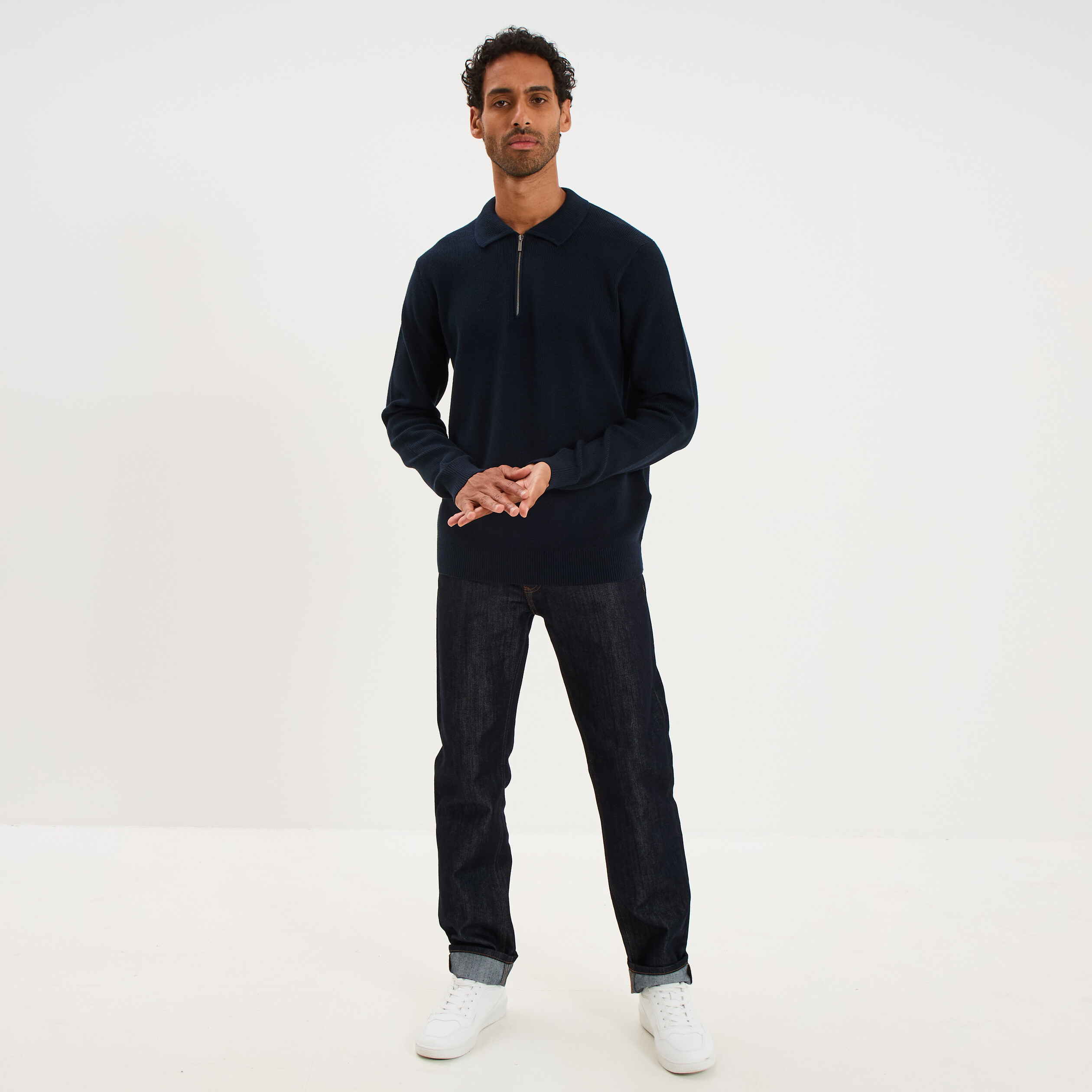 Pull col polo zipp&eacute; manches longues bleu marine homme